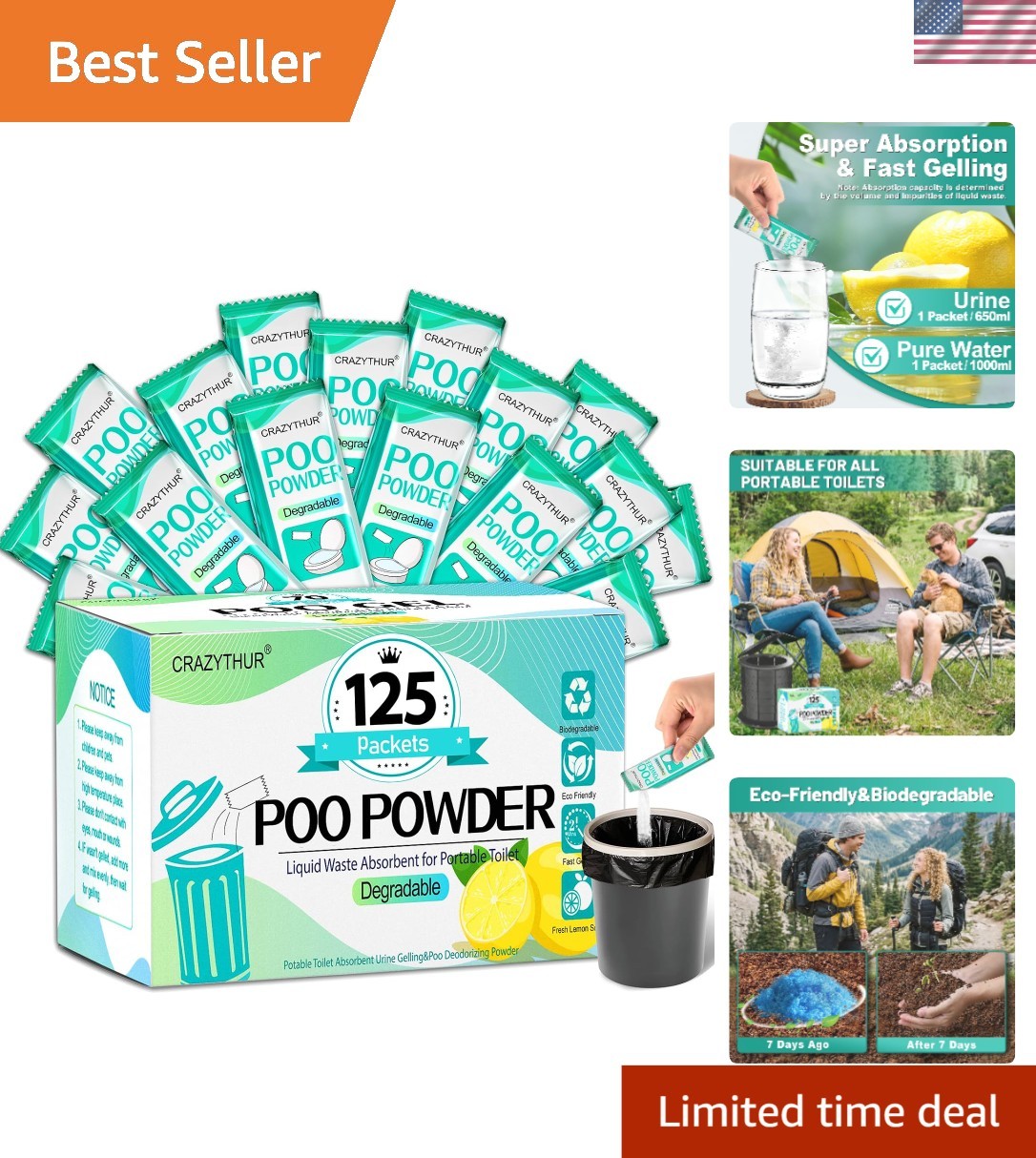Biodegradable Camping Toilet Gel Powder, Lemon Scent – 125 Sachets for Outdoors
