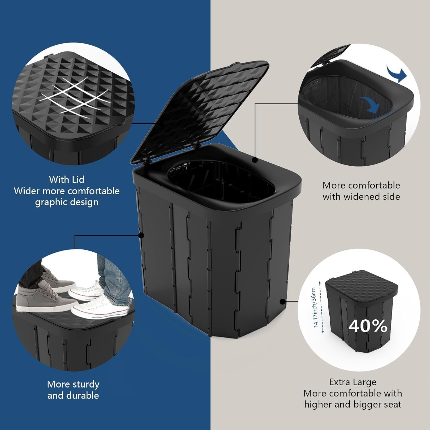 NEW XL Portable Folding Camping Toilet with Lid Travel Adult Car Potty Black