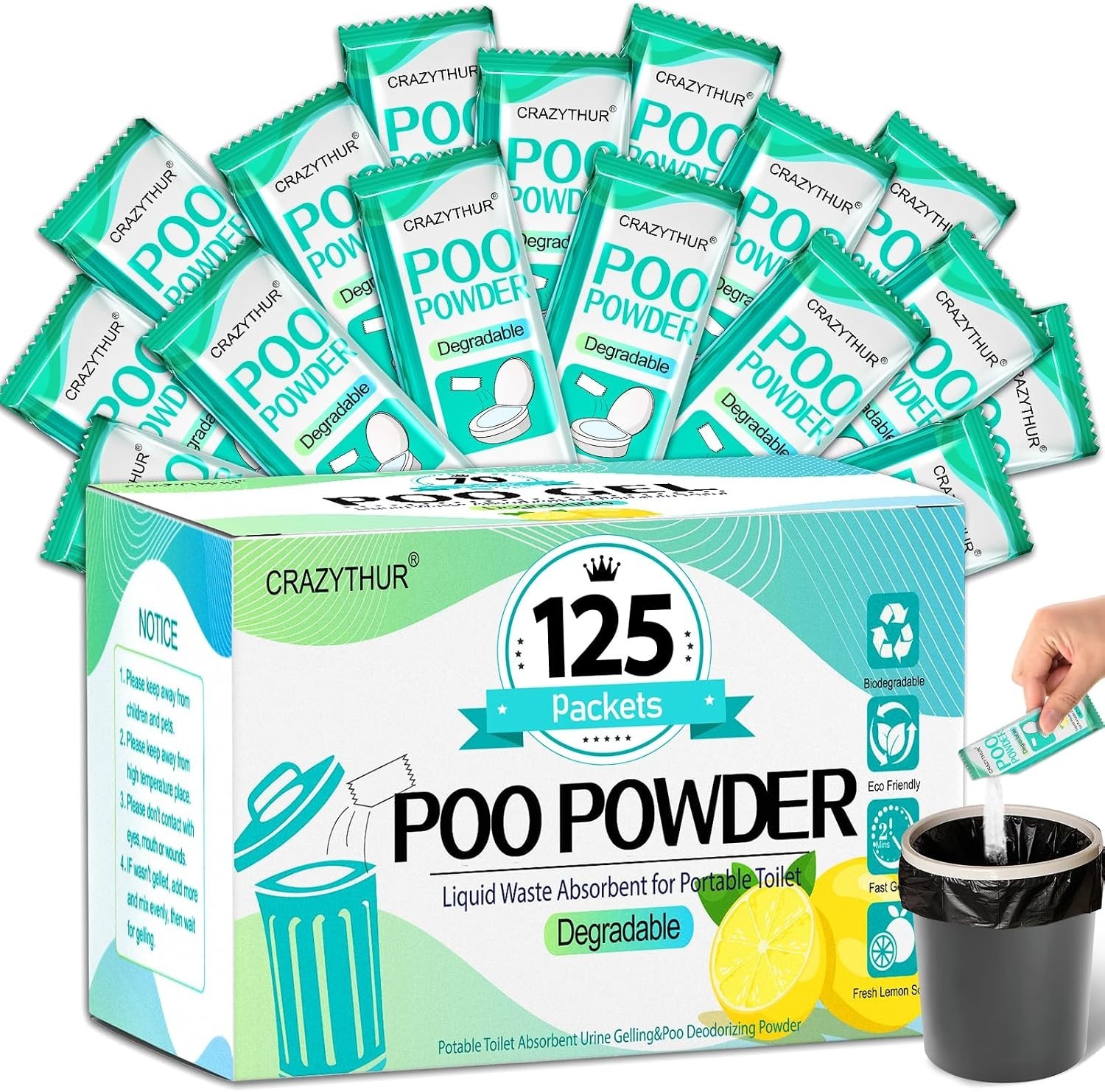 Biodegradable Camping Toilet Gel Powder, Lemon Scent – 125 Sachets for Outdoors