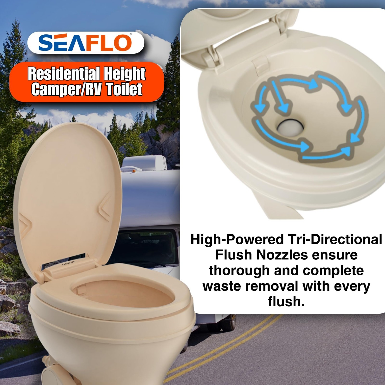 SEAFLO Bone-Colored Residential Height Camper/RV Toilet, 18.5” Height