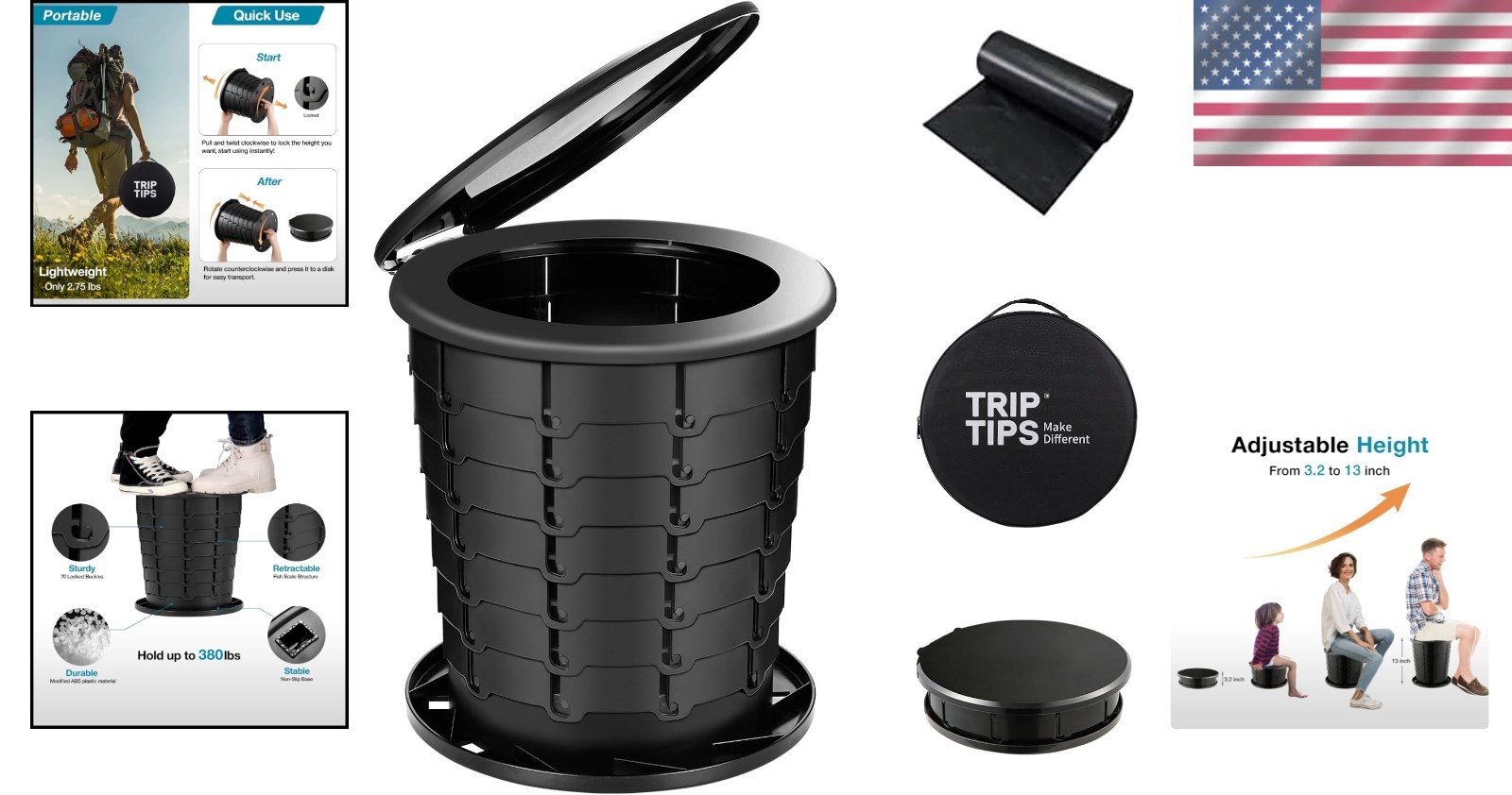 Height Adjustable Portable Toilet – Perfect for Camping & Travel (13″ High)
