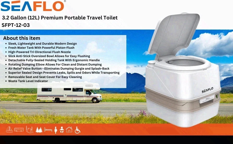 SEAFLO SFPT-12-03 3.2 Gallon Premium Portable Travel Toilet – 12L White