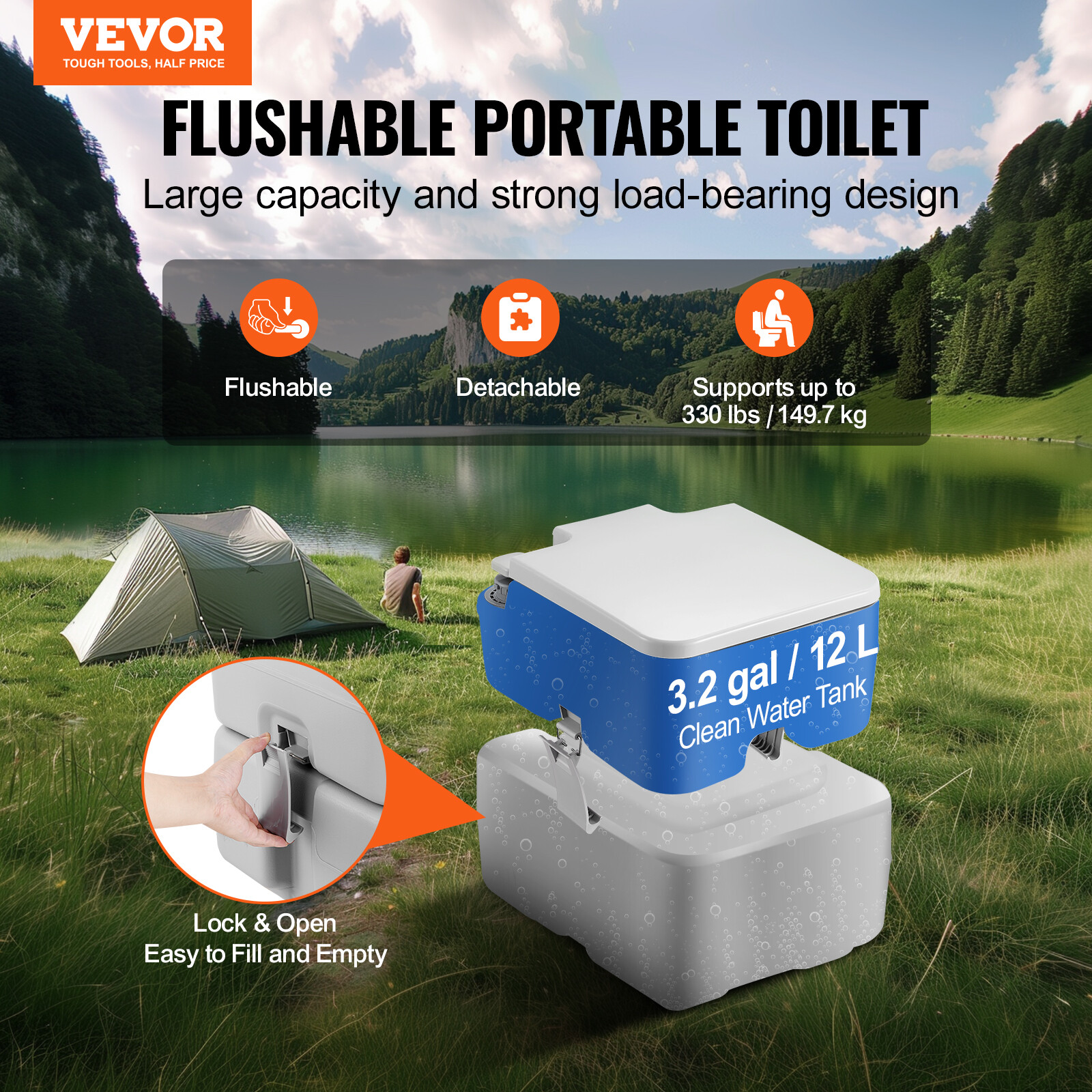 Portable Toilet 5.3Gallon Flush Travel Camping Outdoor Commode Potty w/Carry Bag
