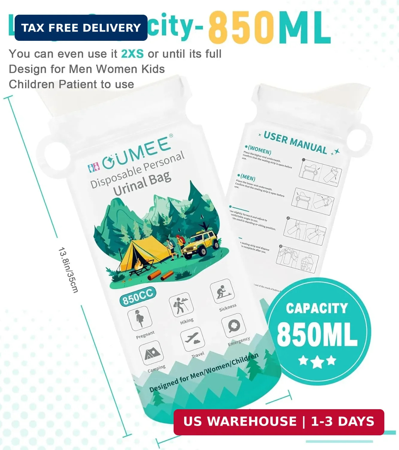 OUMEE 850ML Emergency Disposable Urinal Bags, 8/12/20/28 Pcs Camping Pee Bags Un