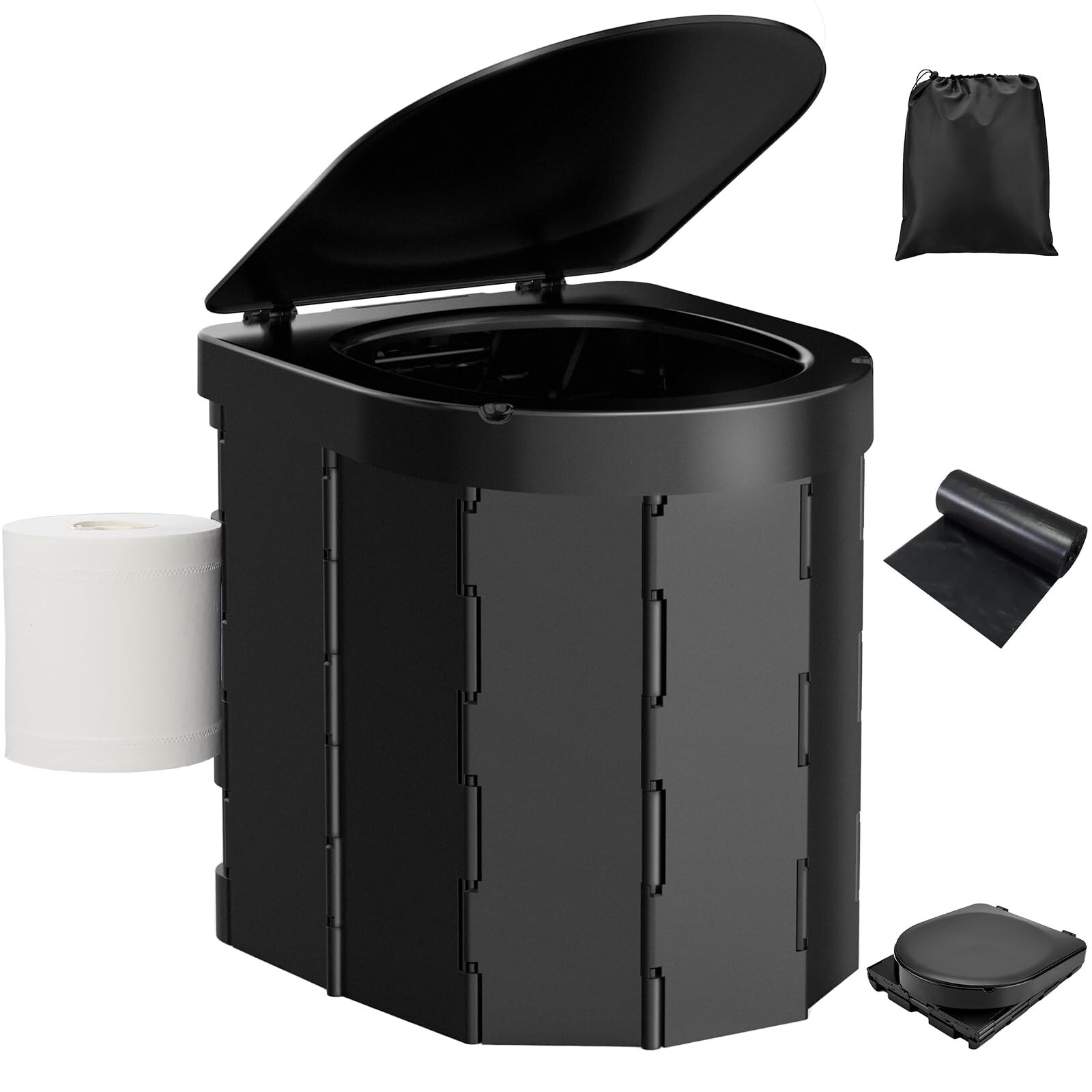 Foldable Portable Camping Toilet with Lid and Retractable Toilet Paper Holder