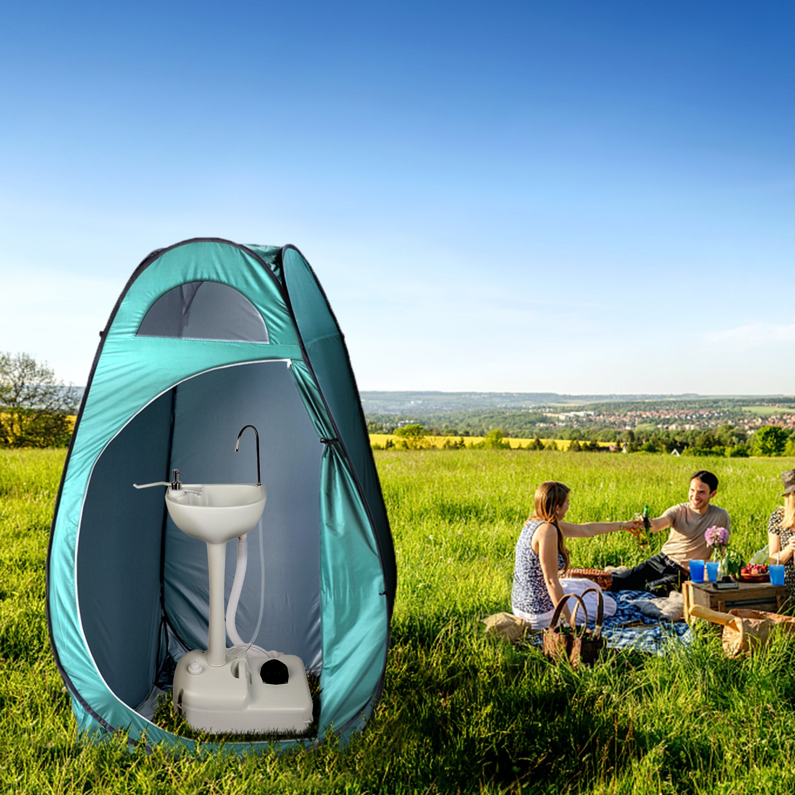 Removable Camping Hygiene Sink Water Tank Wash Basin Portable RV Home w/Wheels