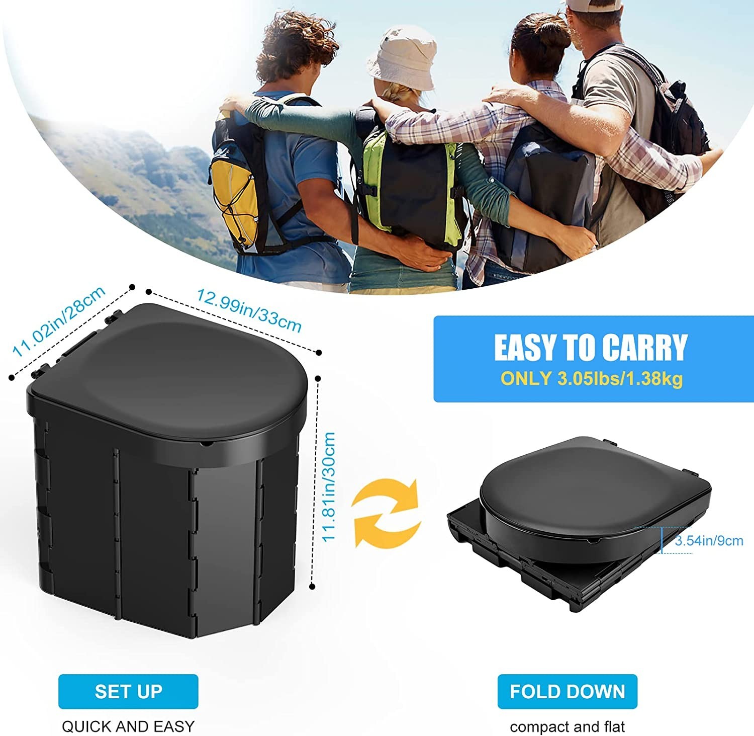 Portable Toilet with Lid, Retractable TP Holder, Carry Bag and Disposible Liner