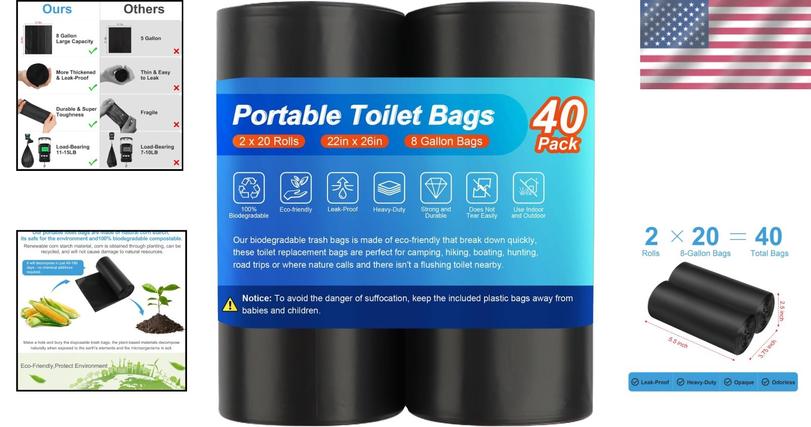 40 Thickened Compostable Toilet Bags for Portable 5 Gallon Toilets – Unscented