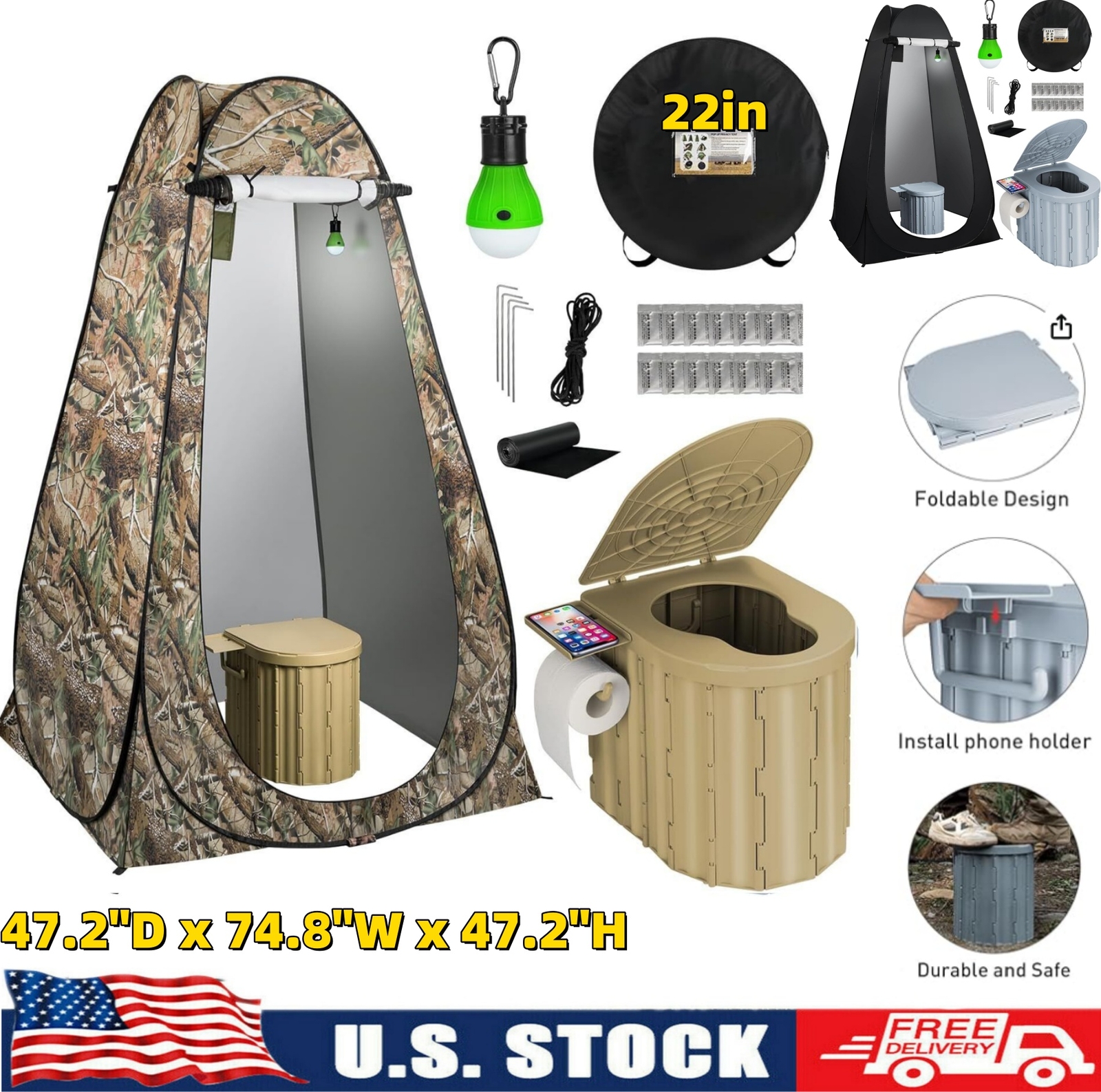 Portable Potty Toilet with Pop-Up Privacy Tent Outdoor Camping Travel Mobile US
