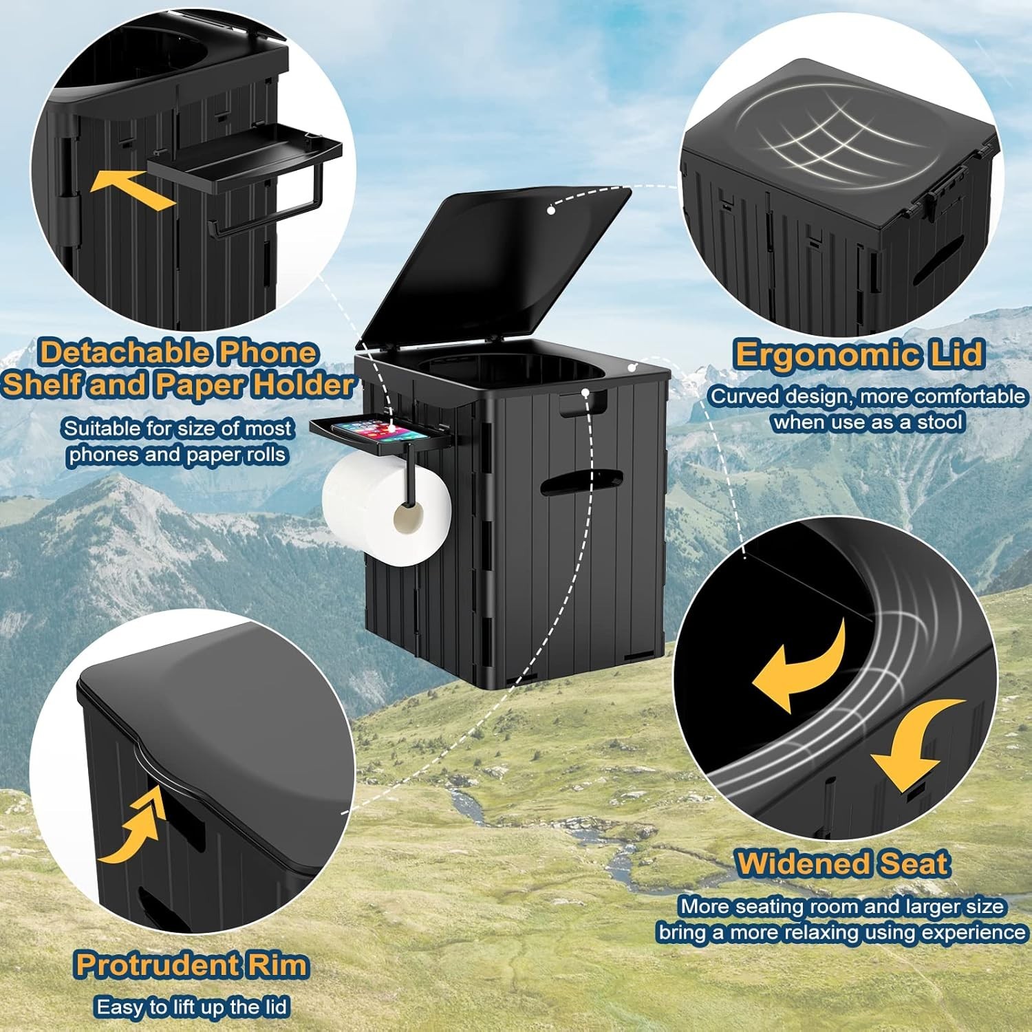 PAHTTO XL Portable Toilet 15.4″ Foldable Camping Phone Shelf Holder