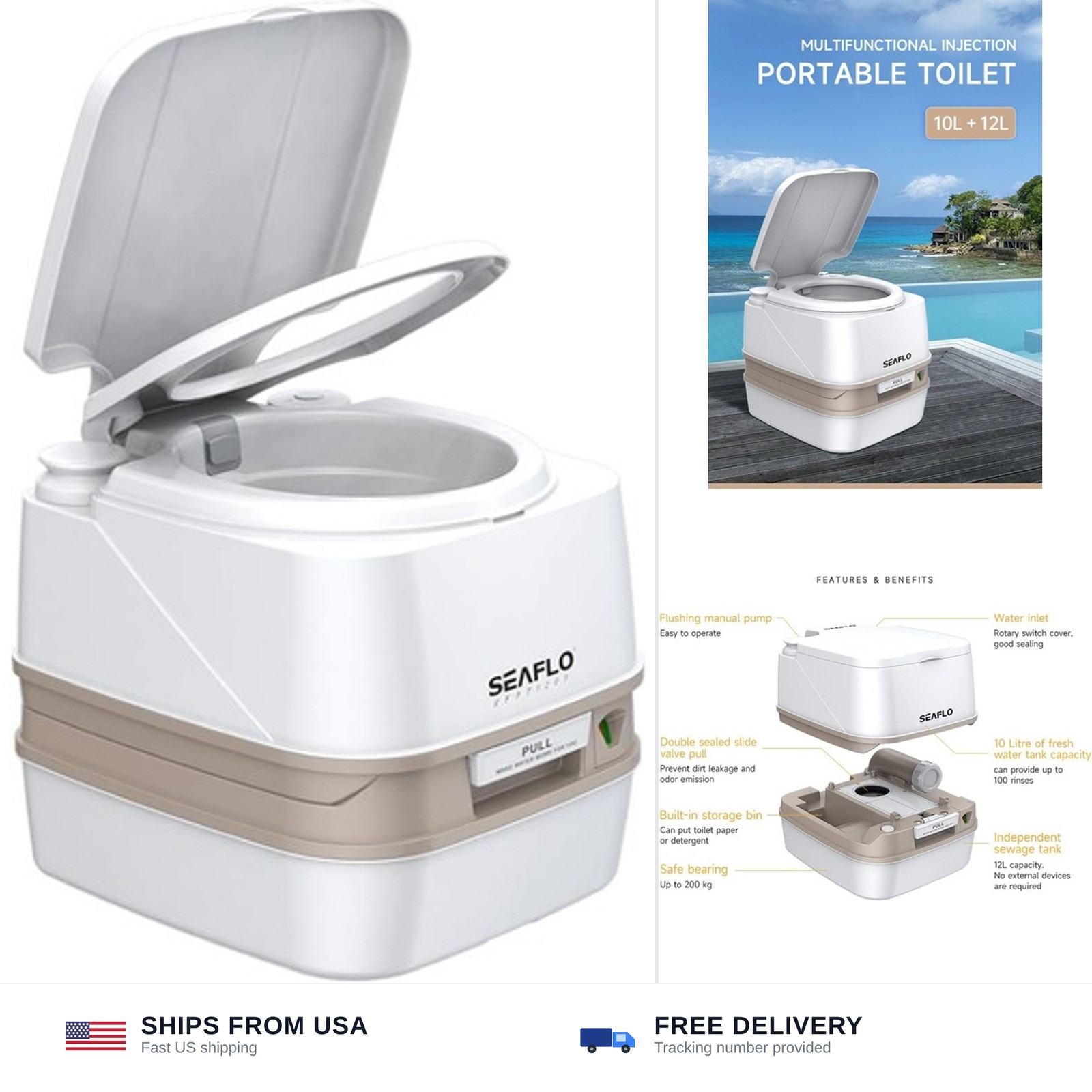 SEAFLO 12L Premium Portable Travel Toilet – 3.2 Gallon Waste Tank, 2.6 Gallon…