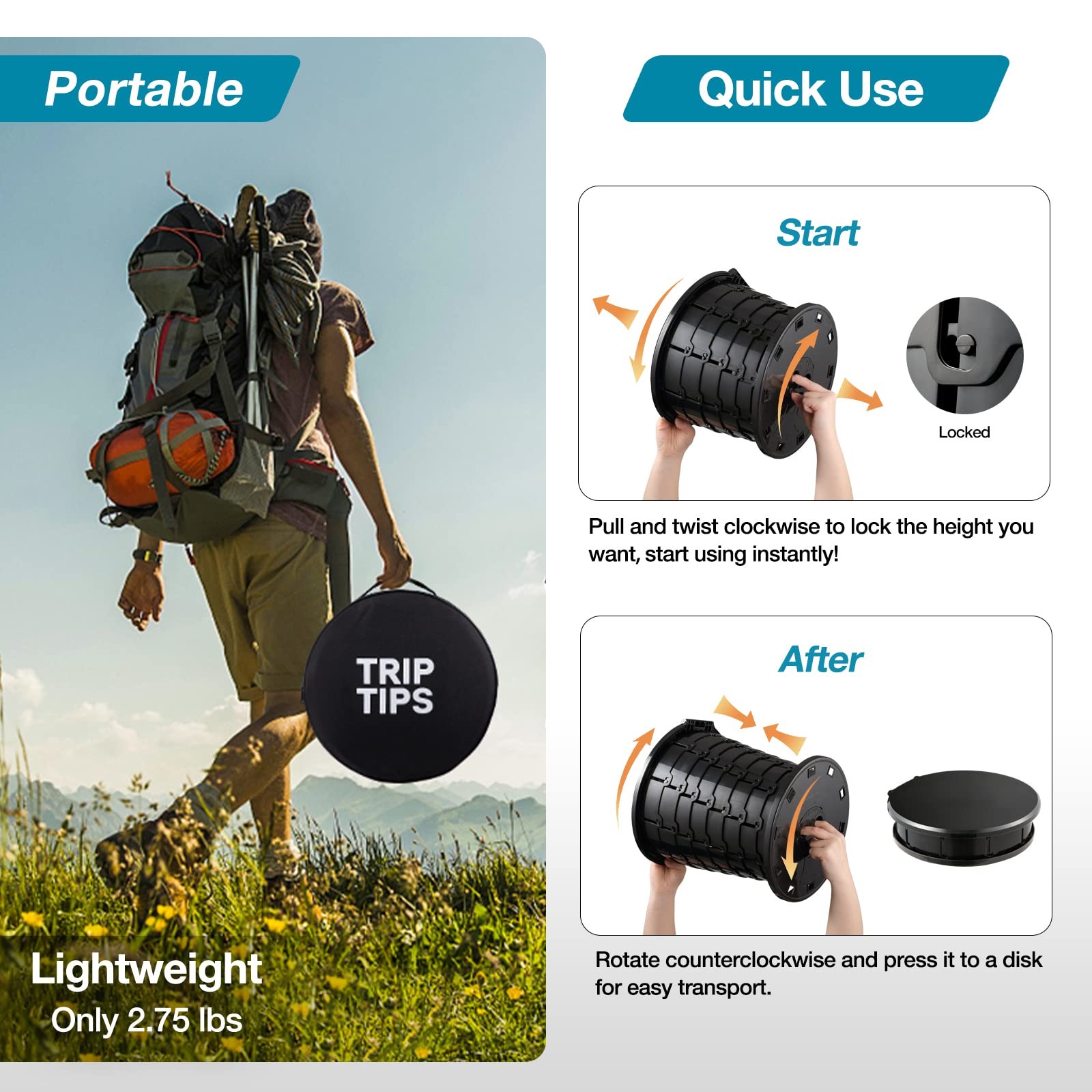 TRIPTIPS Upgrade Retractable Portable Toilet XL-Black-13» High, Black-13»H
