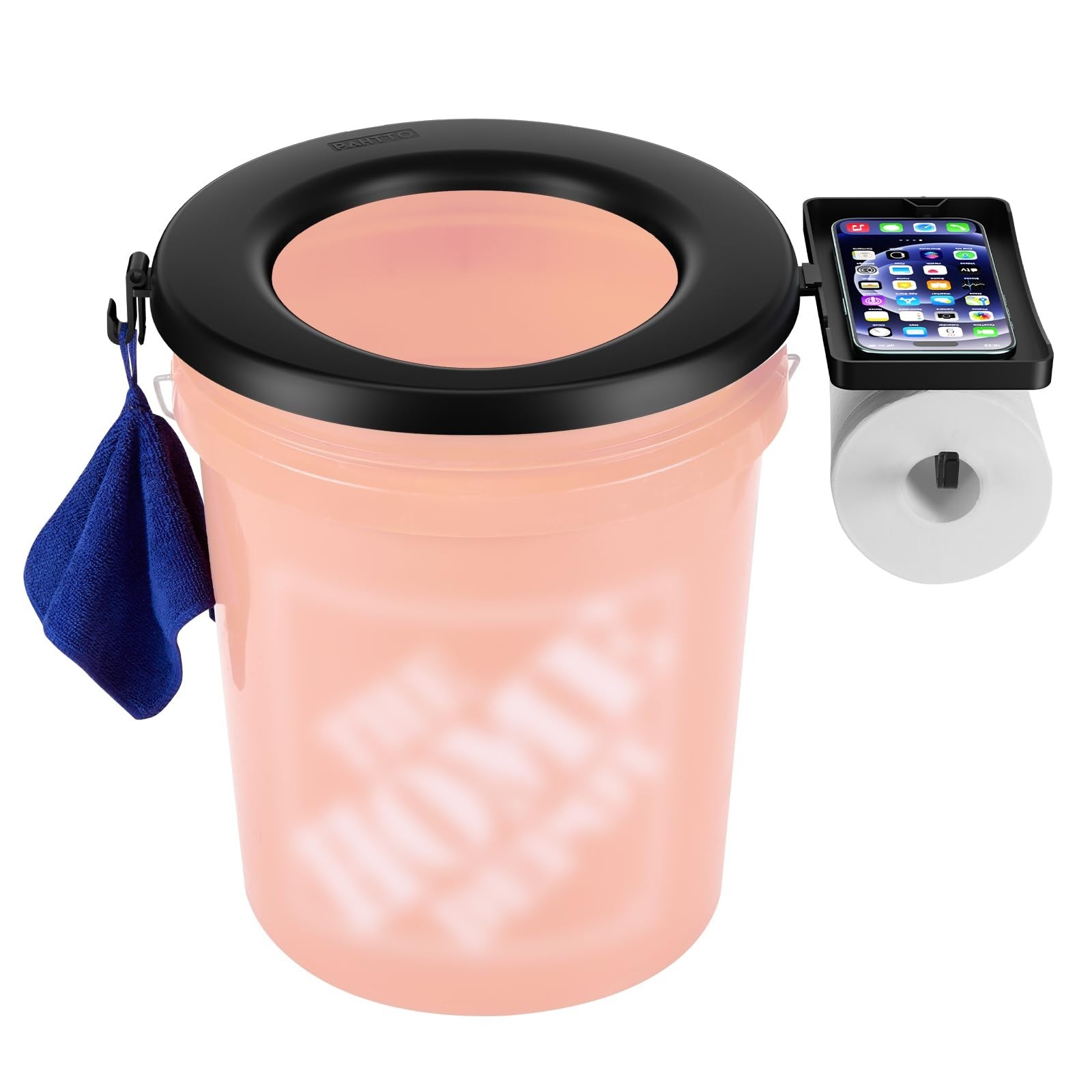 Portable Bucket Toilet Seat for 5 Gal Buckets with TP Holder and Phone Shelf