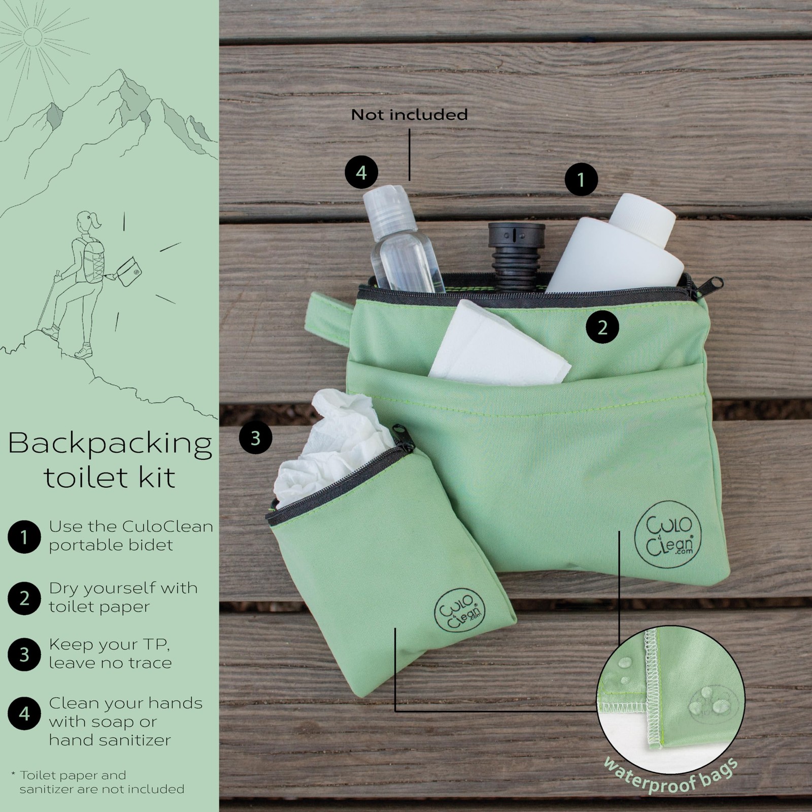 CuloClean Hygiene bag for hiking + Portable travel bidet portatil + bottle. P…