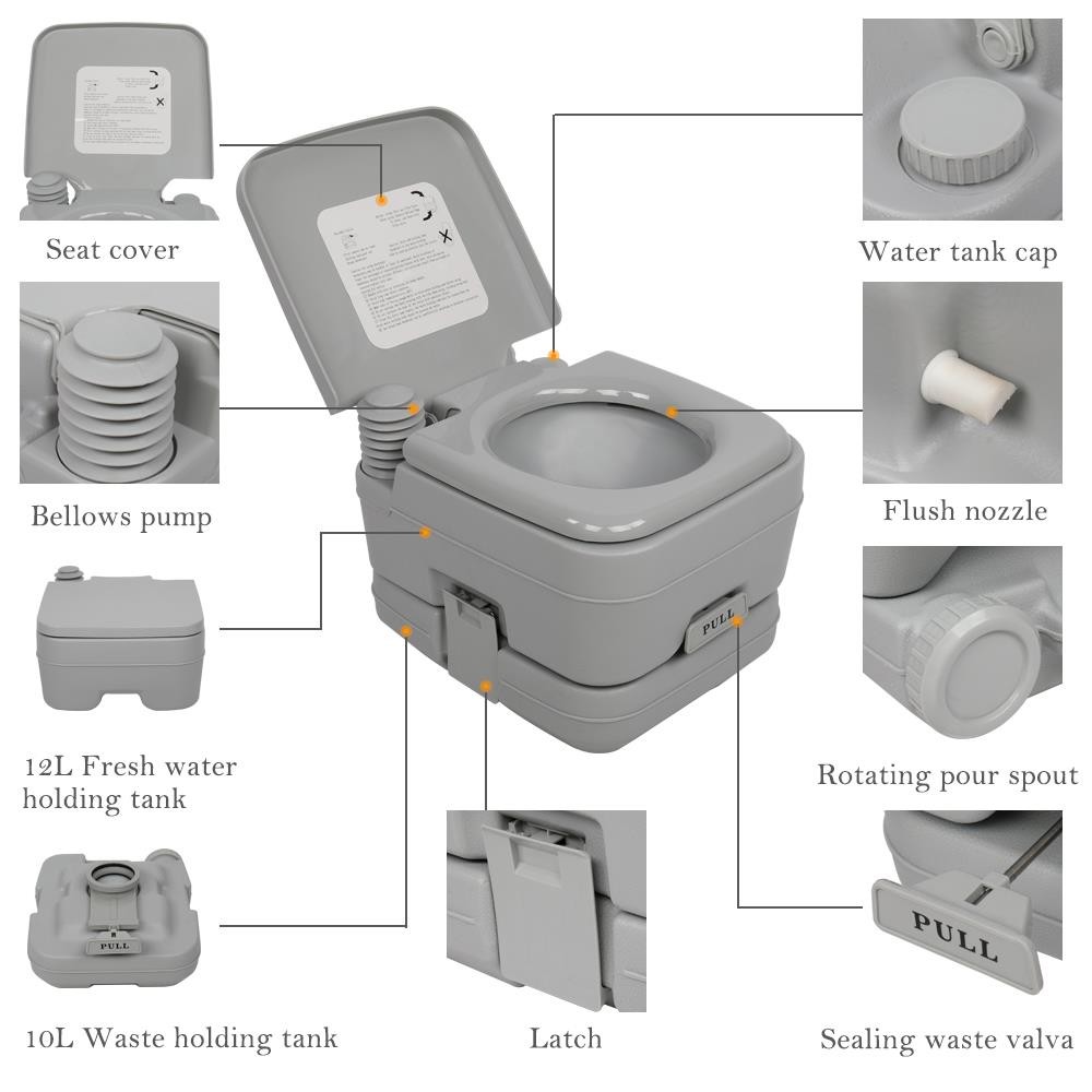 Portable Toilet 10L 2.6 Gallon Camping Toilet Flush Travel Potty Indoor/Outdoor