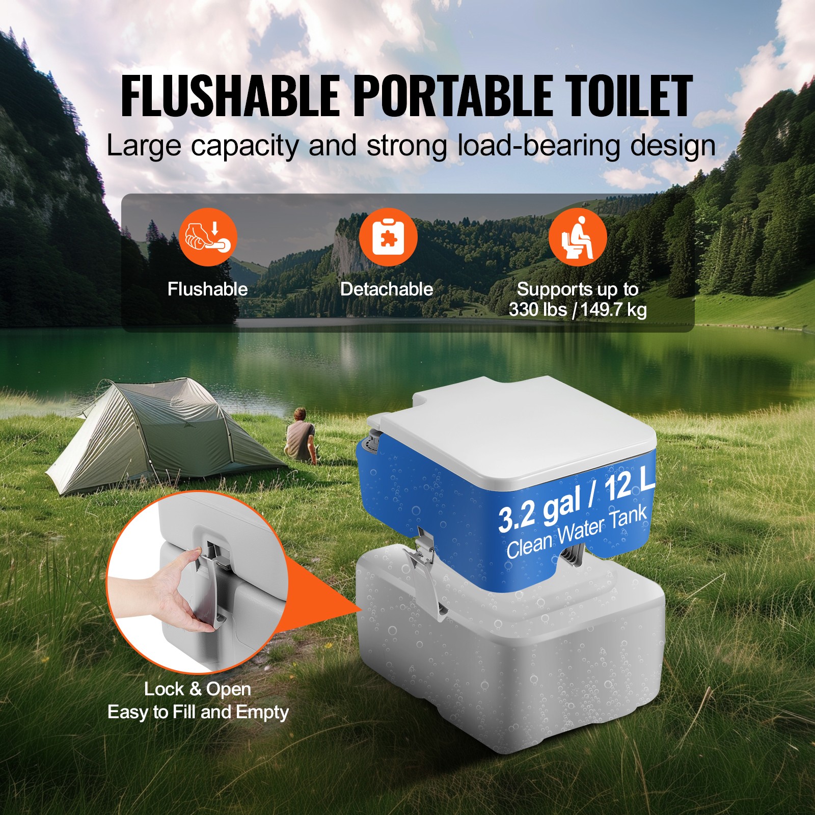 VEVOR Portable Toilet Flush Travel Camping 5.3 Gal Commode Potty with Carry Bag