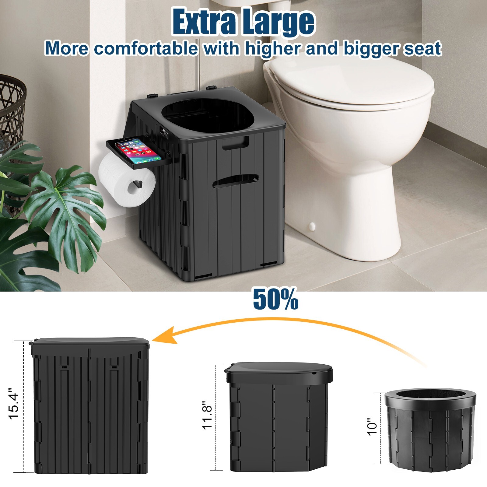 XL Foldable Camping Toilet with Detachable Phone Shelf and Toilet Paper Holder