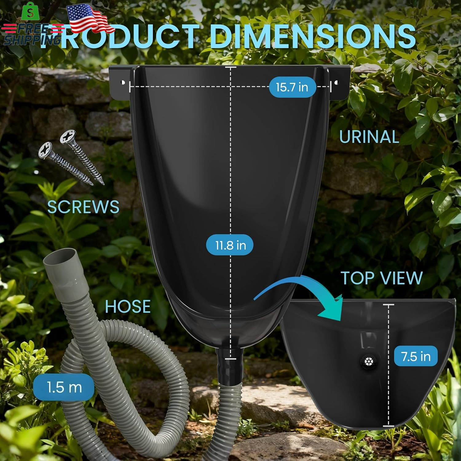 Waterless Urinal with Hose (Black) – UV Resistant outside Urinal, Outdoor Plasti