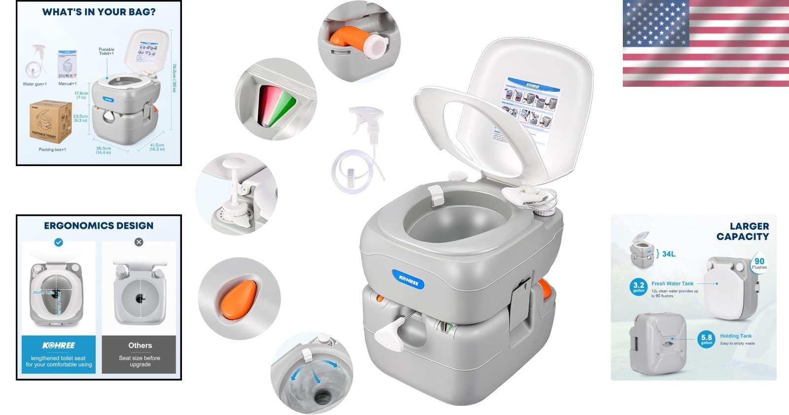 Camping Porta Potty, 5.8 Gal RV Toilet, Level Indicator//