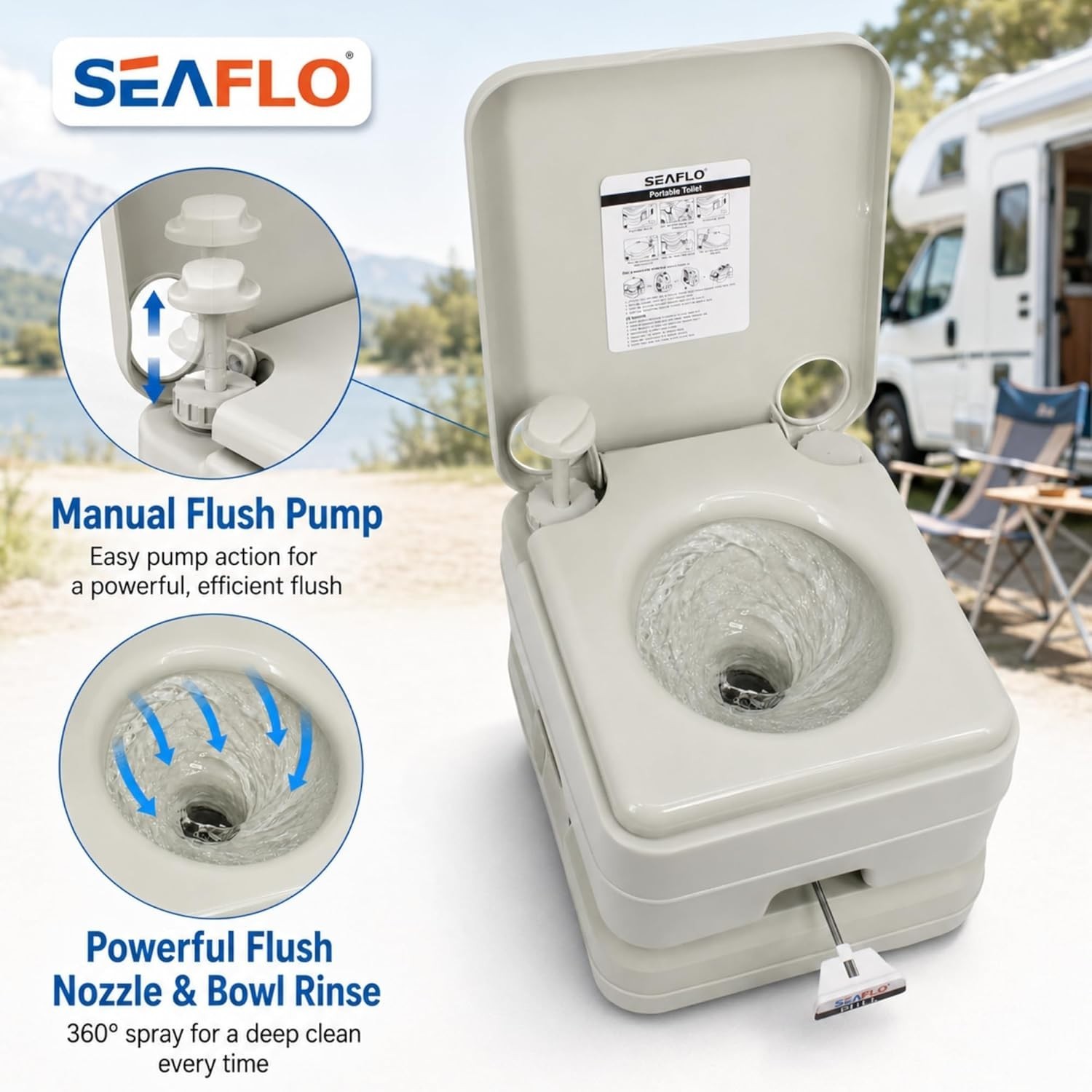 Portable Camping Toilet, 5.3 Gal Waste, 3.4 Gal Fresh, 440lb, 100 Flushes