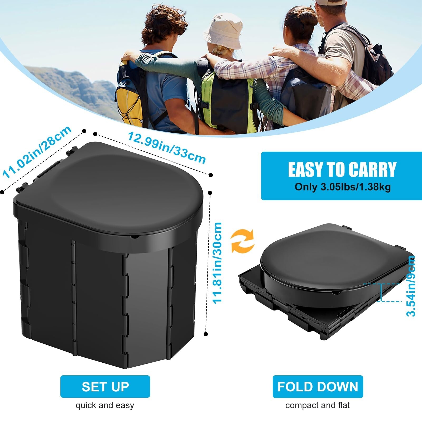 Portable Folding Camping Toilet with Lid and Retractable Toilet Paper Holder