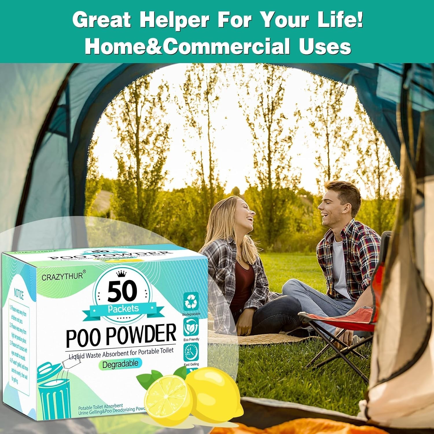 Eco-Friendly Portable Toilet Gel, 50 Lemon-Scented Packets for Camping