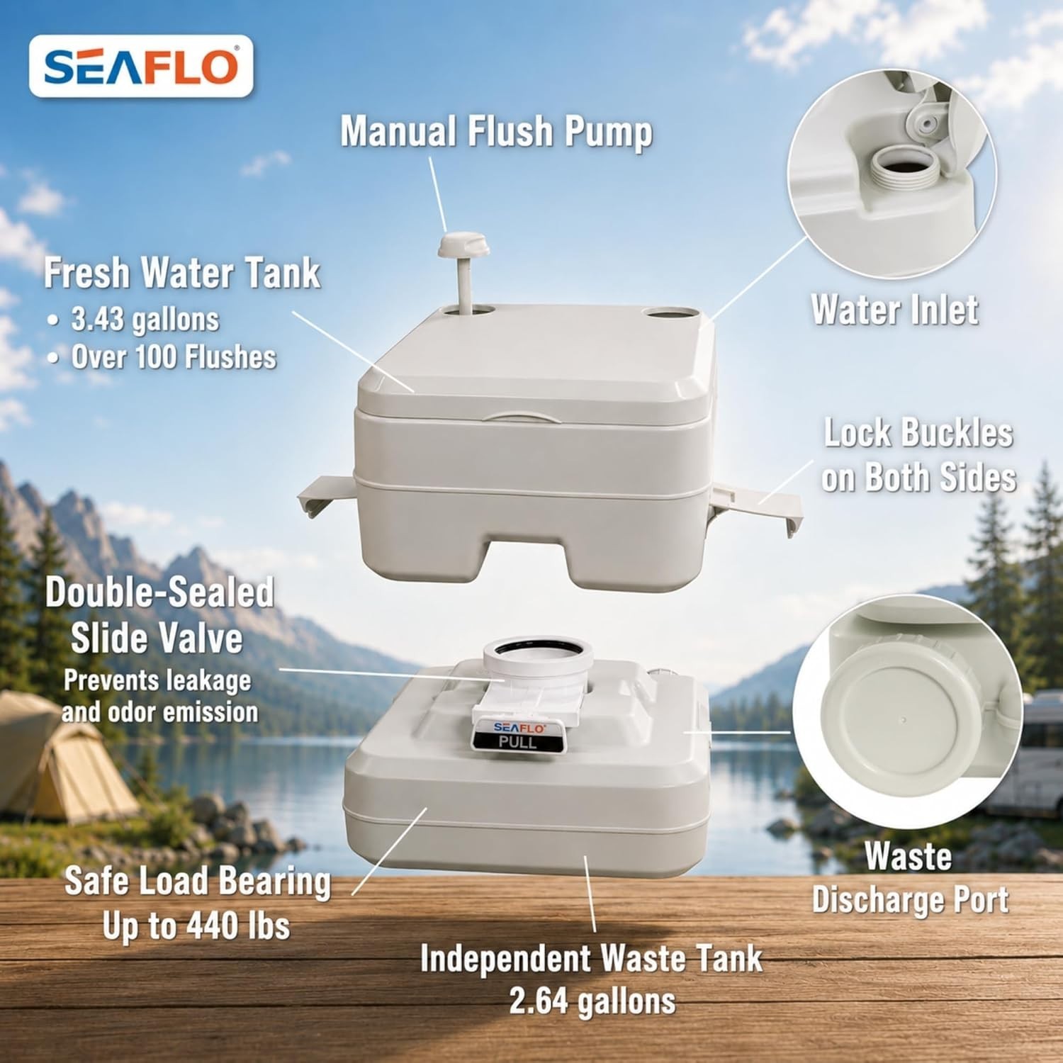 Portable Camping Toilet, 5.3 Gal Waste, 3.4 Gal Fresh, 440lb, 100 Flushes