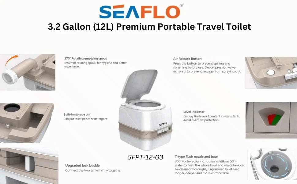 SEAFLO SFPT-12-03 3.2 Gallon Premium Portable Travel Toilet – 12L White