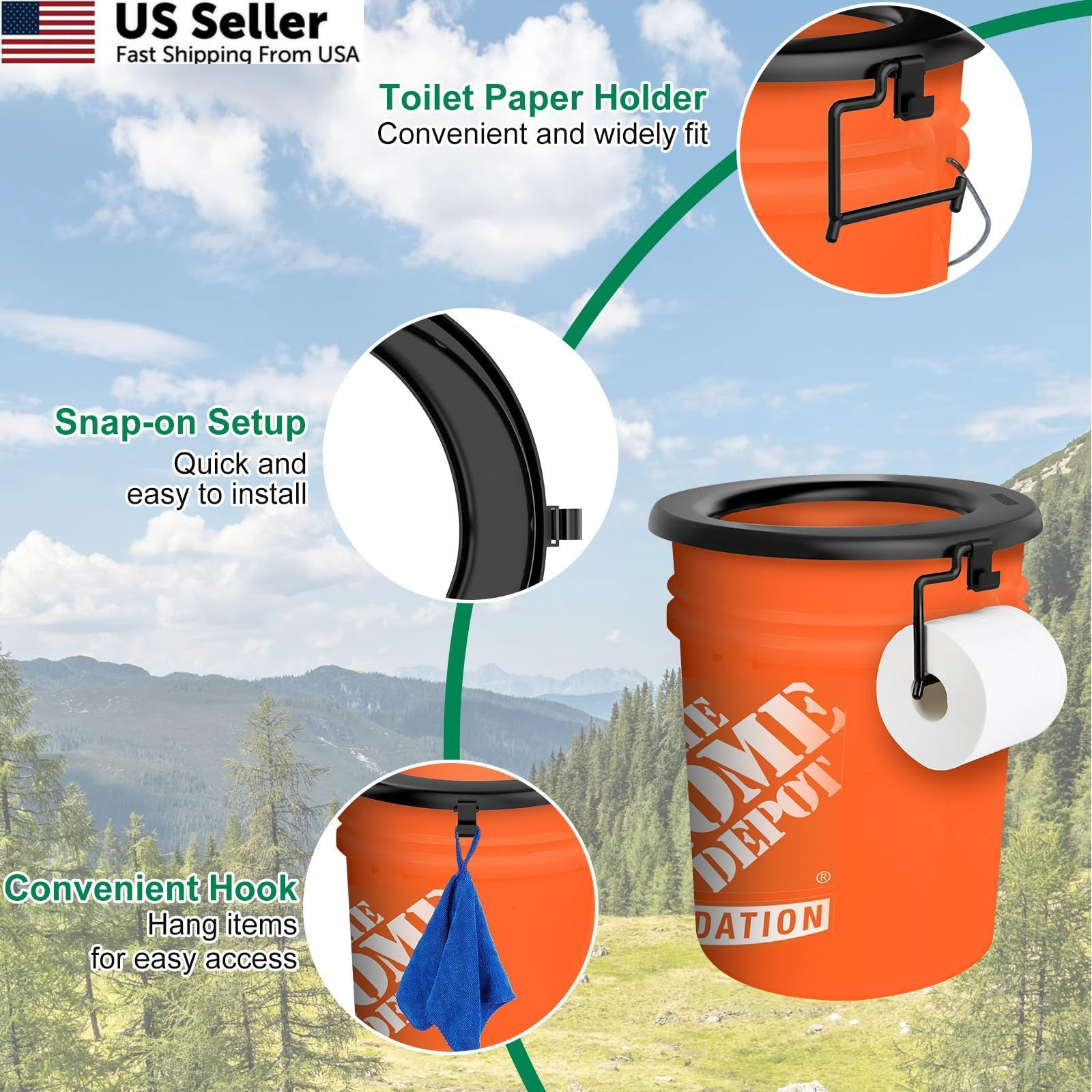 Bucket Toilet Seat, Portable Seat for 5 Gal Buckets, Universal, Black