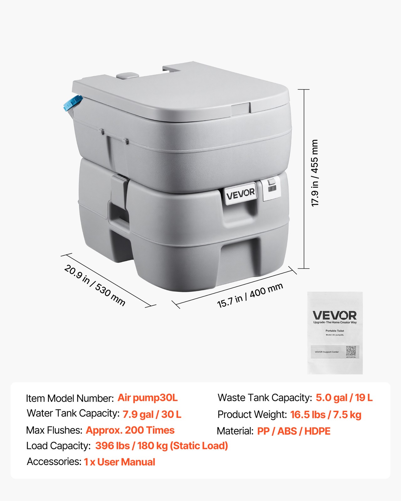 VEVOR Portable Toilet Outdoor Travel Potty 7.9 Gallon Flush for Camping Hiking