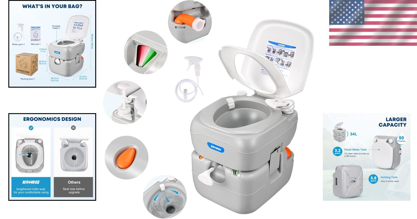 Portable RV Toilet with 5.8 Gallon Detachable Waste Tank – Leak-Proof & Odorless