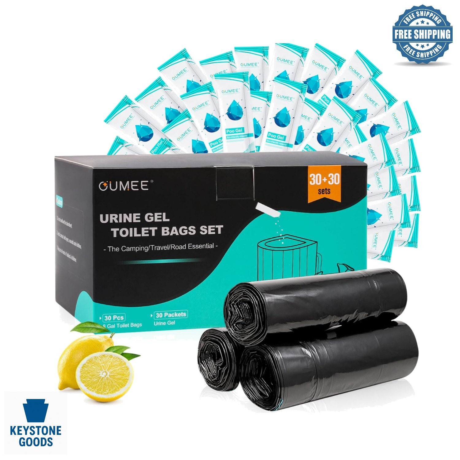 30 Pack Heavy-Duty Portable Camping Toilet Bags with Absorbent Gel & Lemon Scent