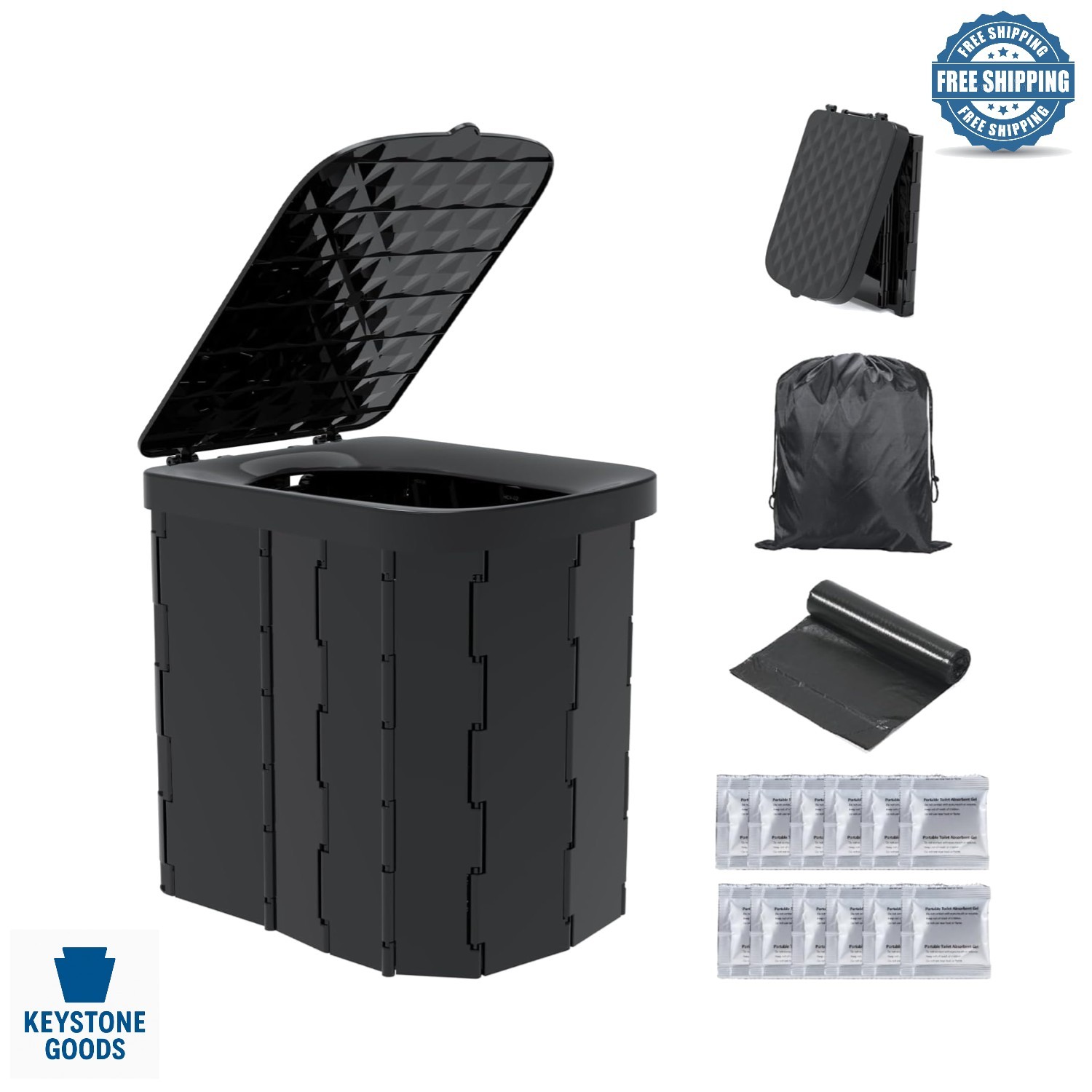 XL Portable Folding Camping Toilet with 12 Bags & Gel – Travel Potty for Adults
