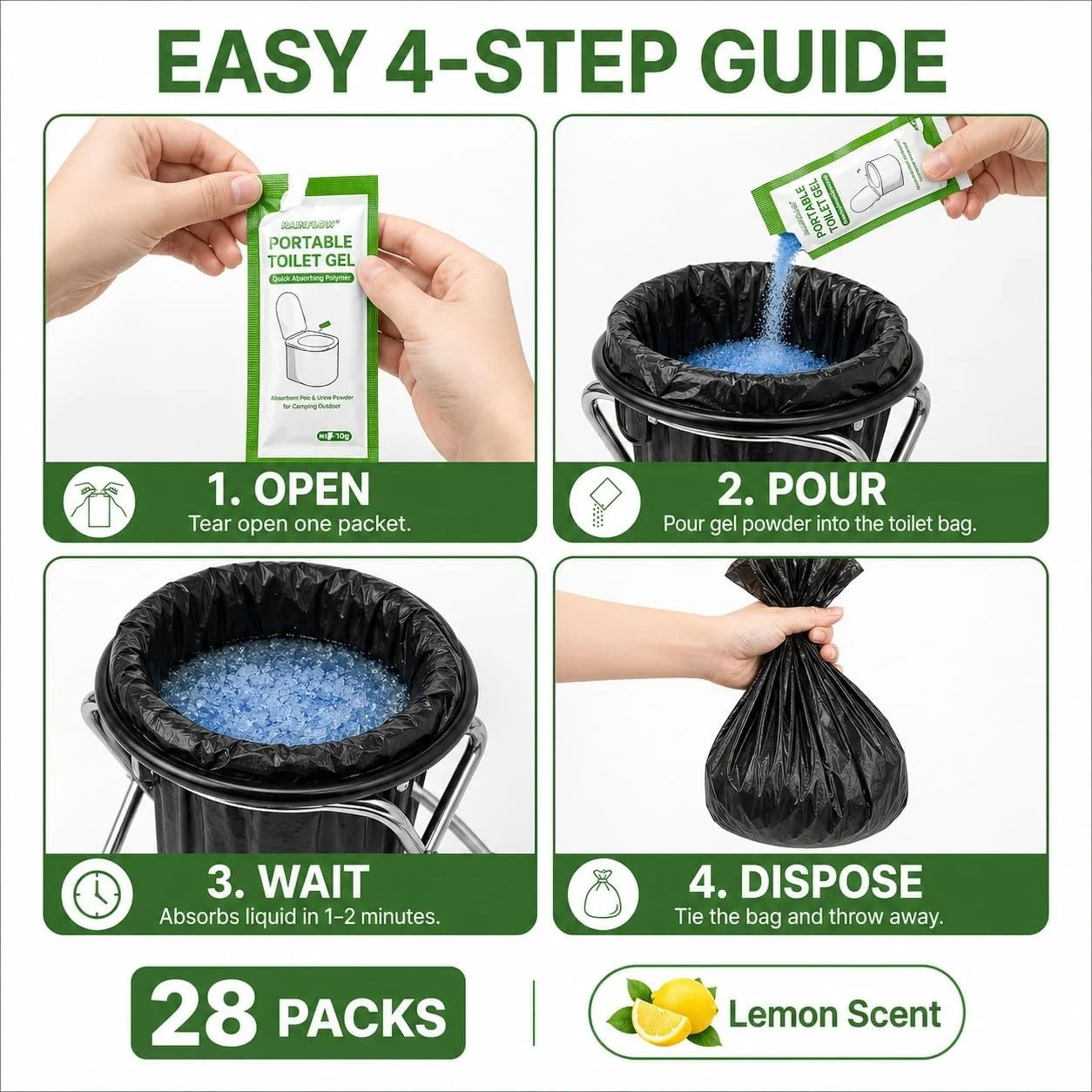 Poo Gel for Portable Toilet for Camping – 28 Packs Camping Toilet Bags Lemon Eco