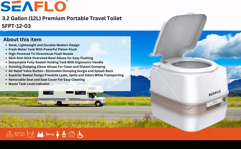 SEAFLO SFPT-12-03 3.2 Gallon Premium Portable Travel Toilet – 12L White