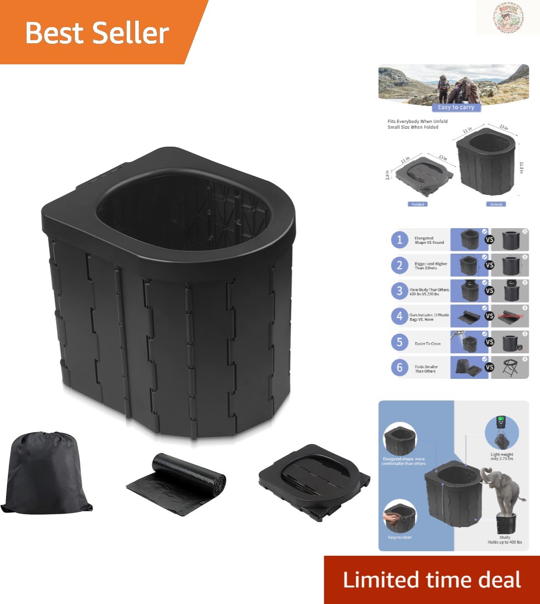 Ergonomic Portable Toilet for Camping & Travel – Includes 12 Bags for Hygiene