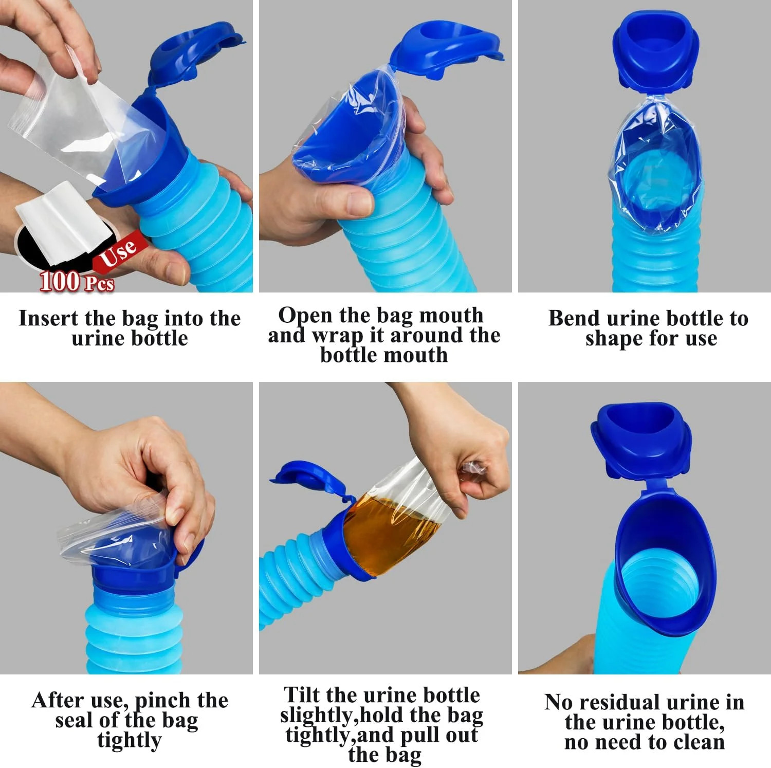100 Pack Disposable Urinal Bags for Portable Emergency Pee Bottle Travel