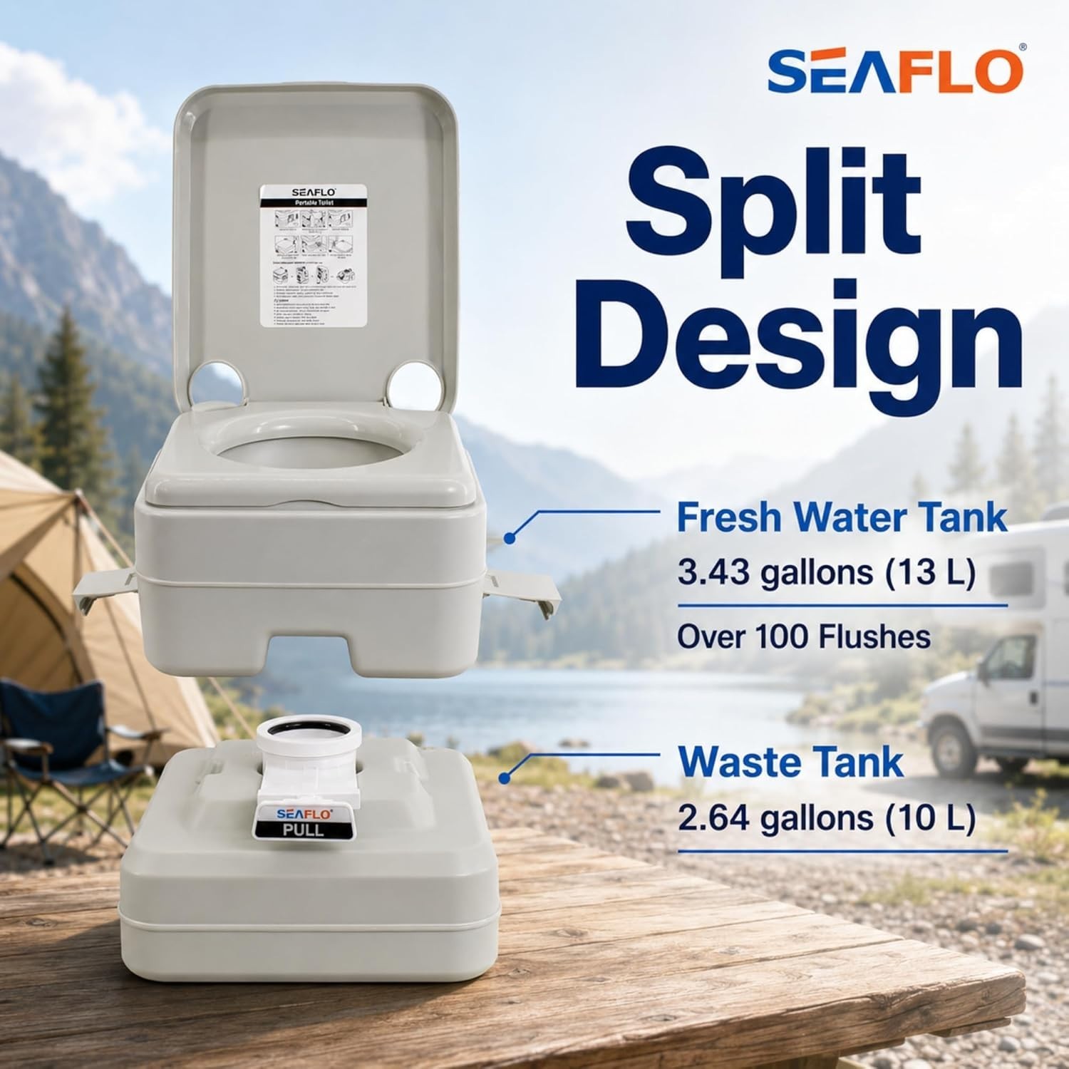 Portable Camping Toilet, 5.3 Gal Waste, 3.4 Gal Fresh, 440lb, 100 Flushes