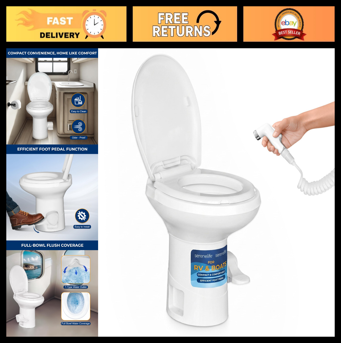 RV Gravity Flush Toilet with Foot Pedal & Hand Sprayer – Odor-Resistant, Full-Bo