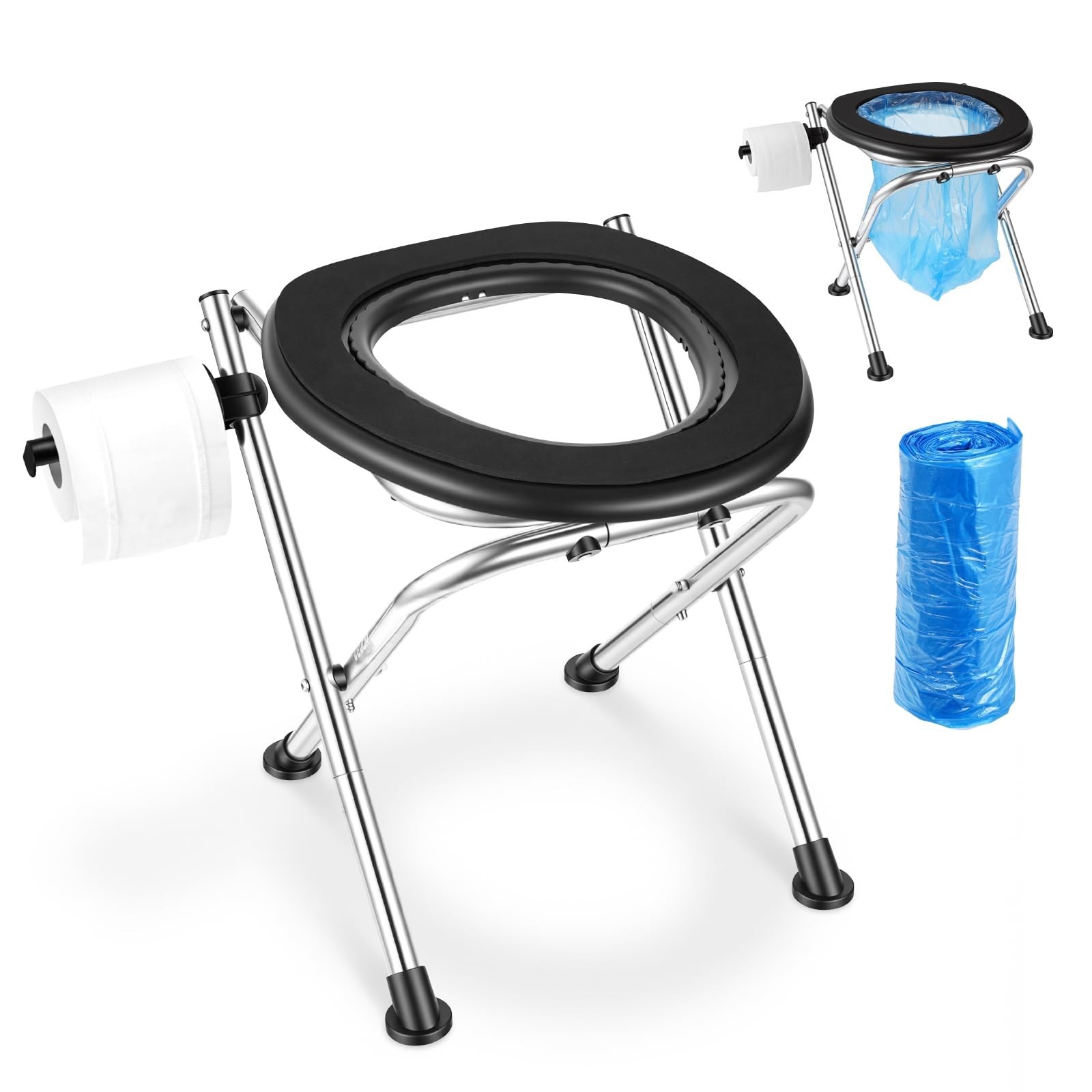 Portable Camping Toilet, 350 lbs Capacity, Stainless Steel, Foldable, Soft Seat,