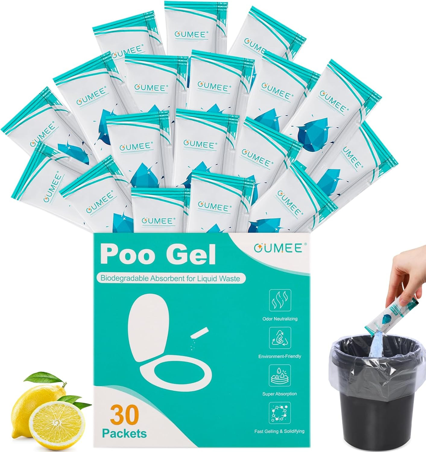 30 Pack Lemon Portable Toilet Gel, Poo Gel for Potty, Camping Toilet Powder