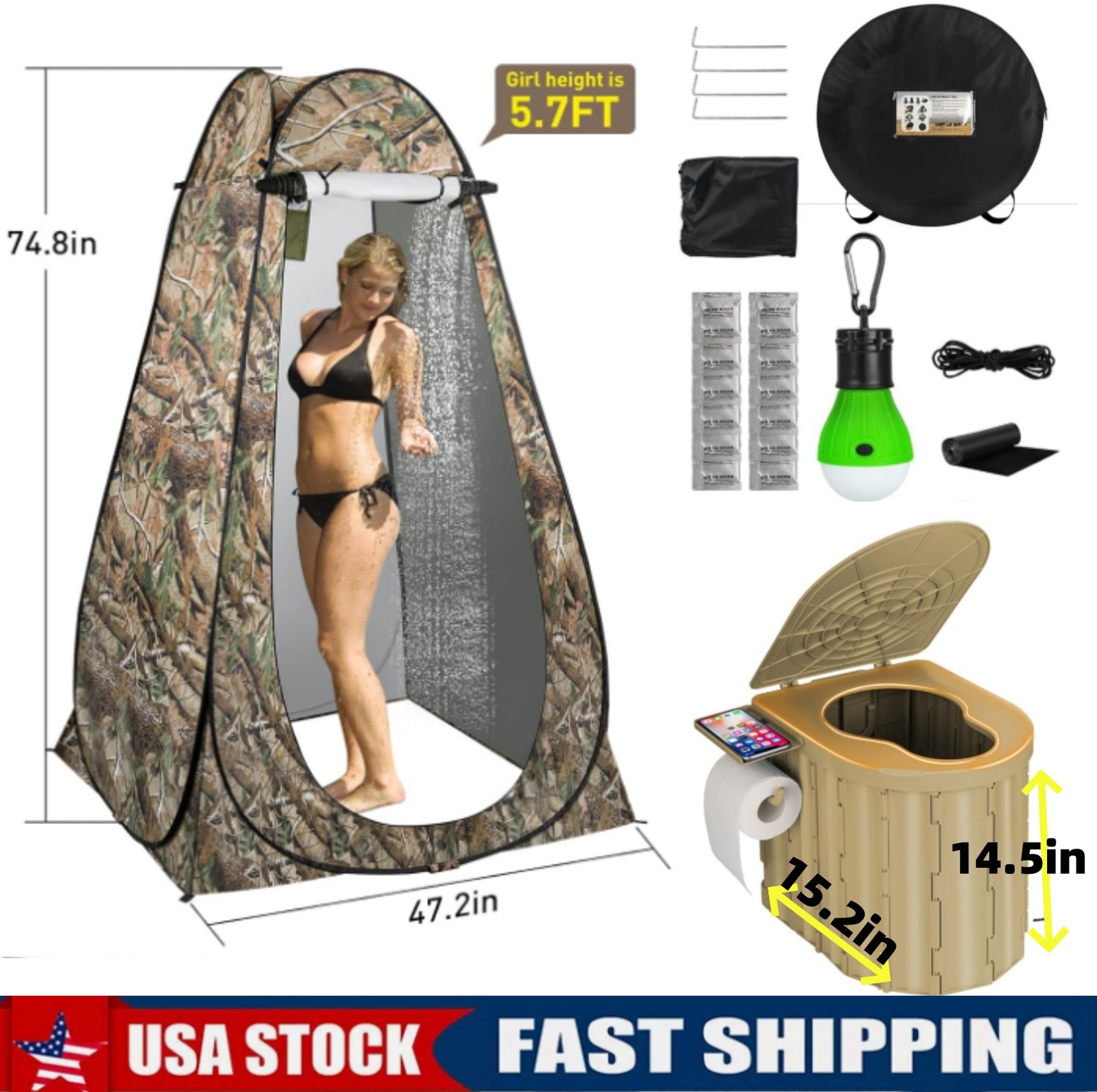 Portable Potty Toilet with Pop-Up Privacy Tent Outdoor Camping Travel Mobile US