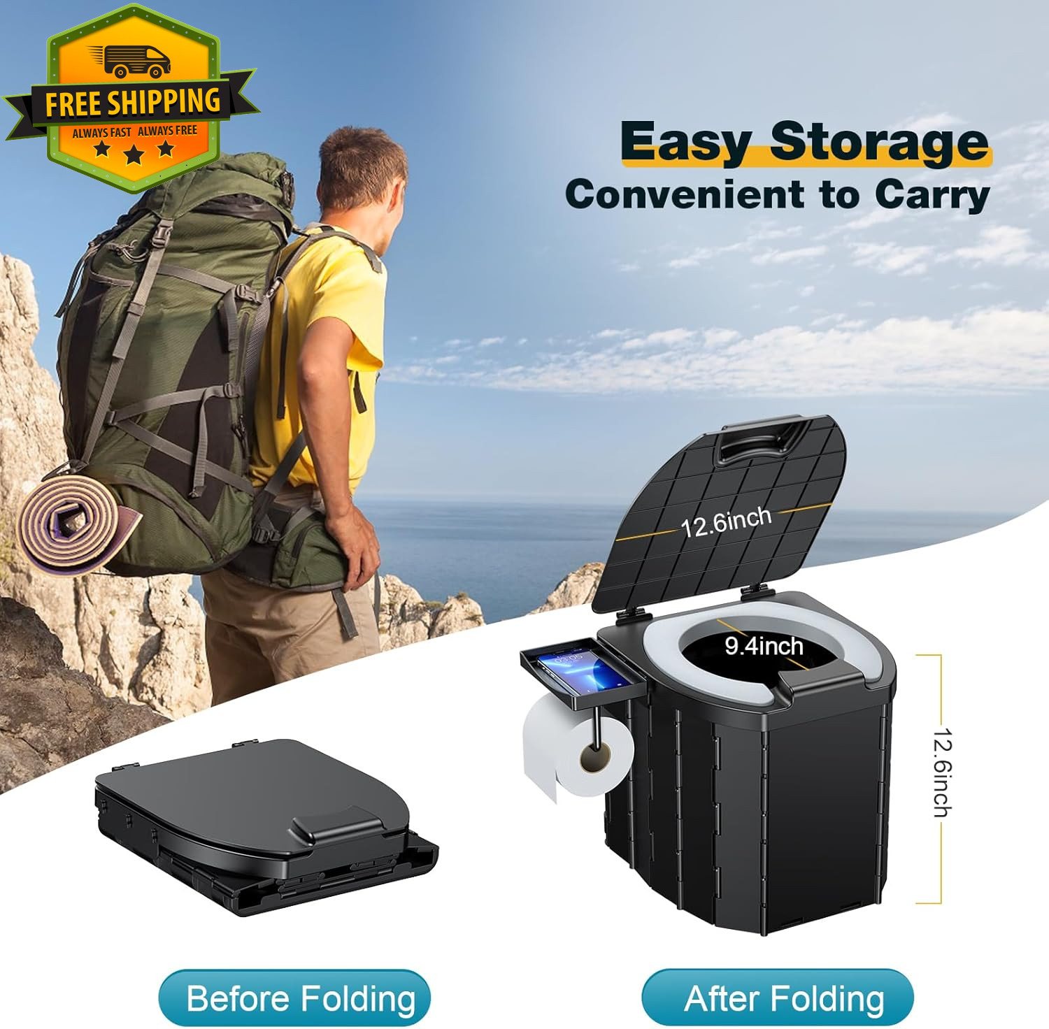 Portable Camping Toilet Folding Potty 500lb Heavy Duty Outdoor Emergency