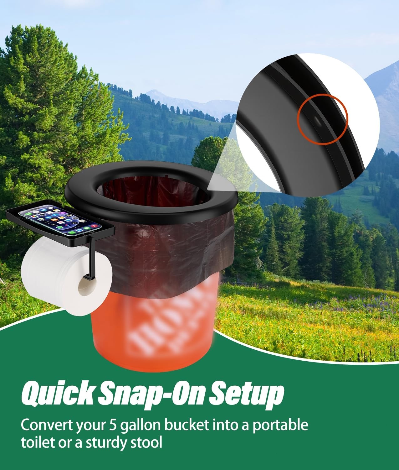 Portable Bucket Toilet Seat for 5 Gal Buckets with TP Holder and Phone Shelf