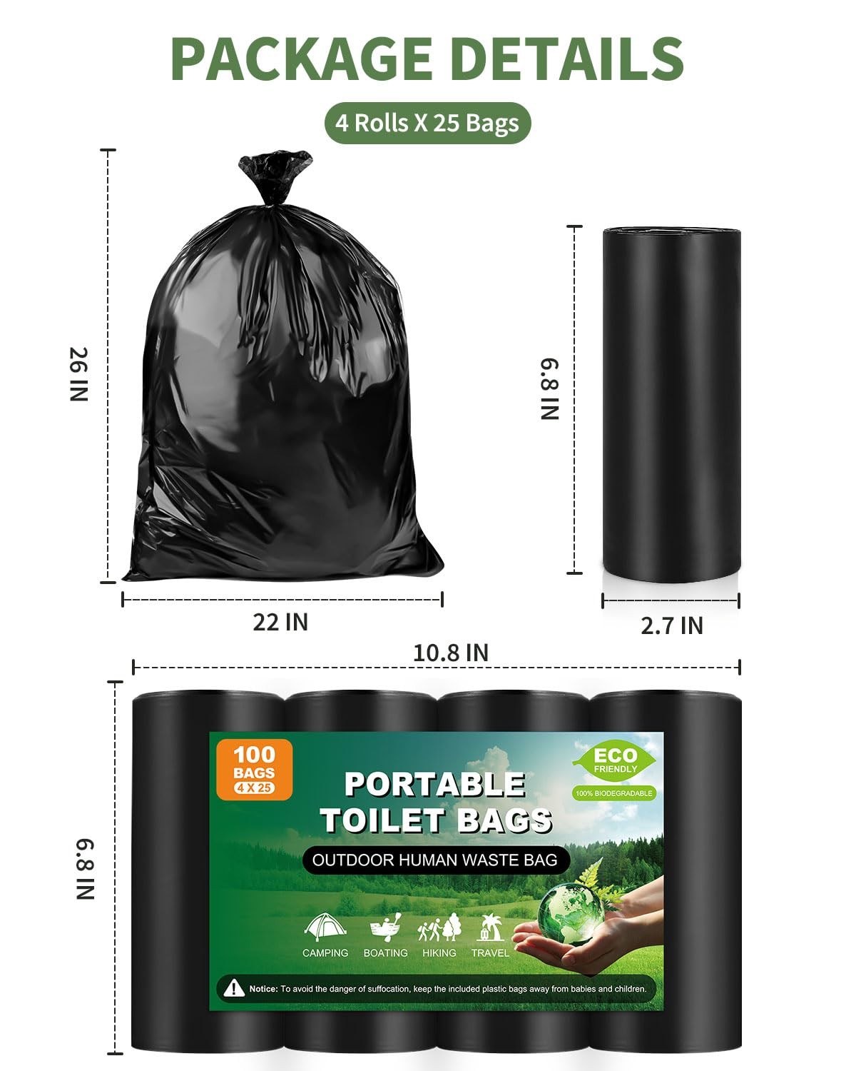 25 Portable Toilet Bags, Thick Biodegradable 1 Count (Pack of 25), Black