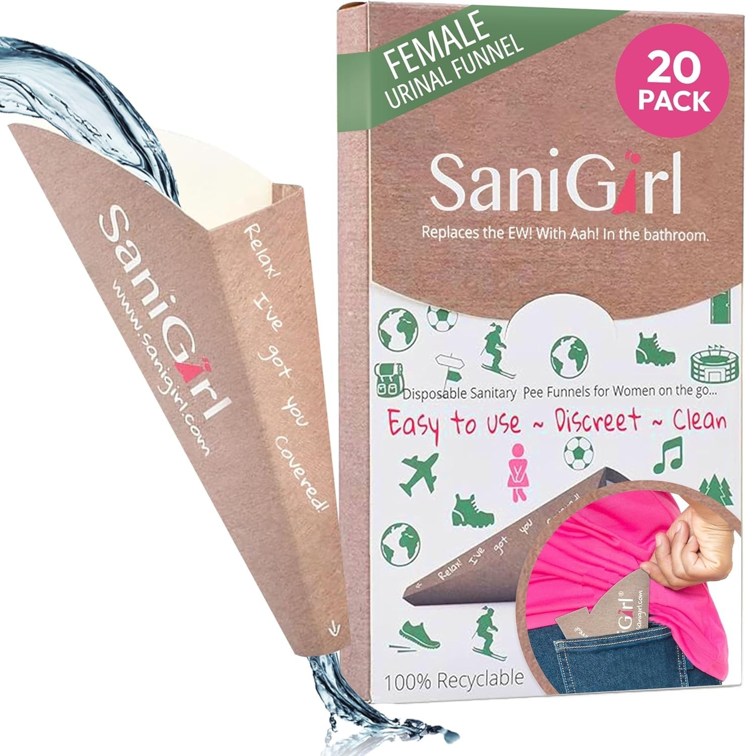 Leak-Proof Female Pee Funnel, 20 Count, Great for Hiking and Outdoor Activities