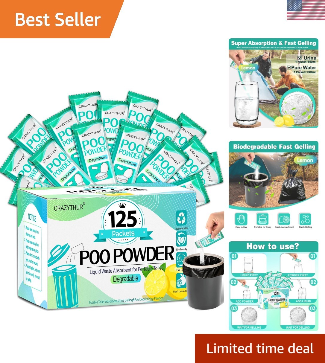 125 Lemon-Scented Portable Toilet Gel Sachets – Ultimate Camping Sanitation