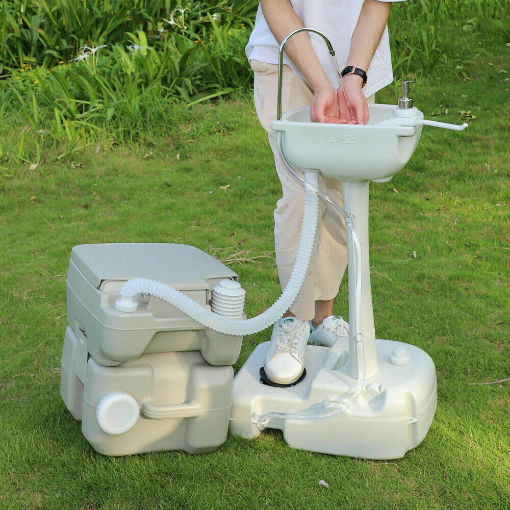 US Portable Outdoor Hand Sink w/ RV Camper Gravity Pedal Flush Toilet 2Tanks Kit