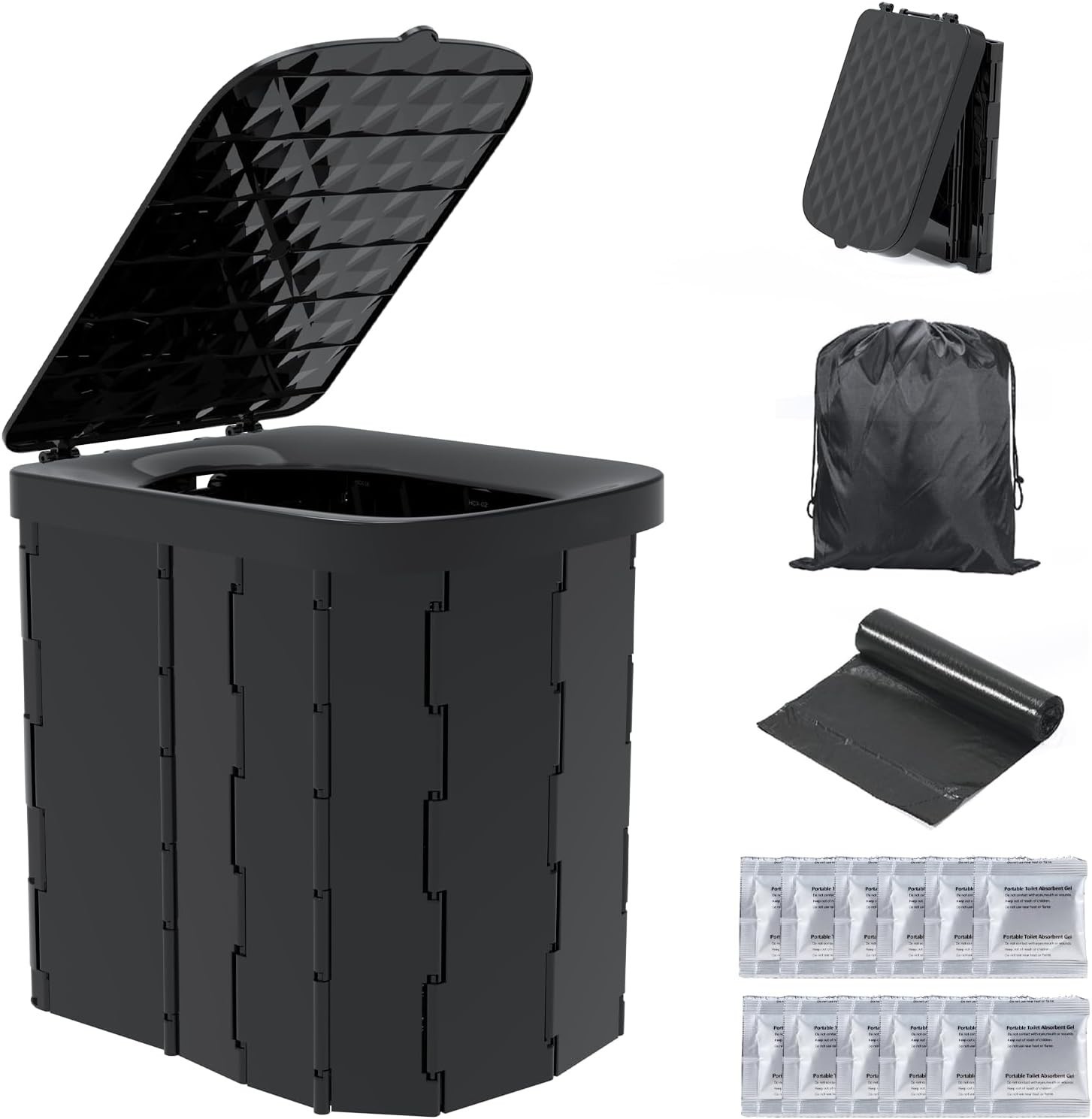 XL Portable Folding Camping Toilet with 12 Bags & Gel – Travel Potty for Adults