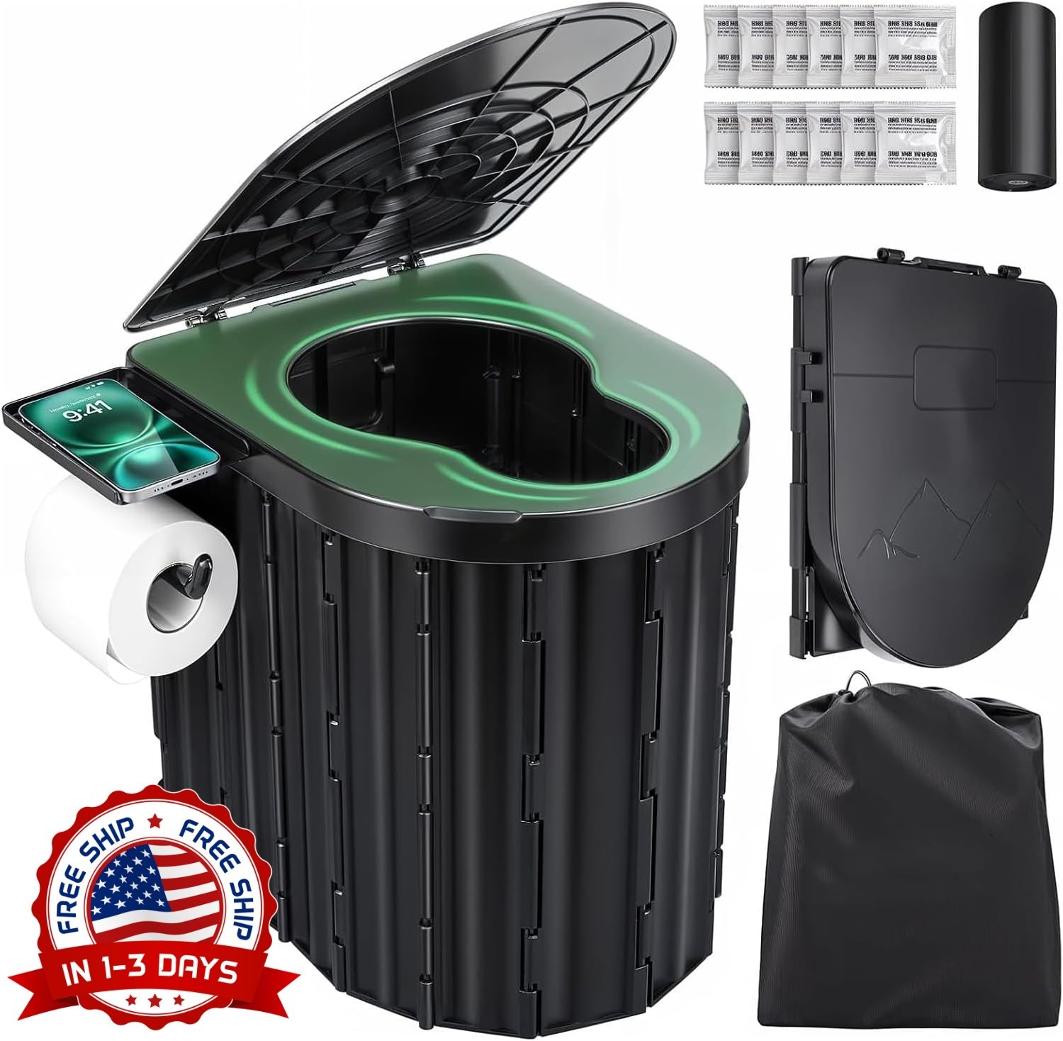 Inodoro portátil para adultos con tapa y portarrollos para camping y camiones.
